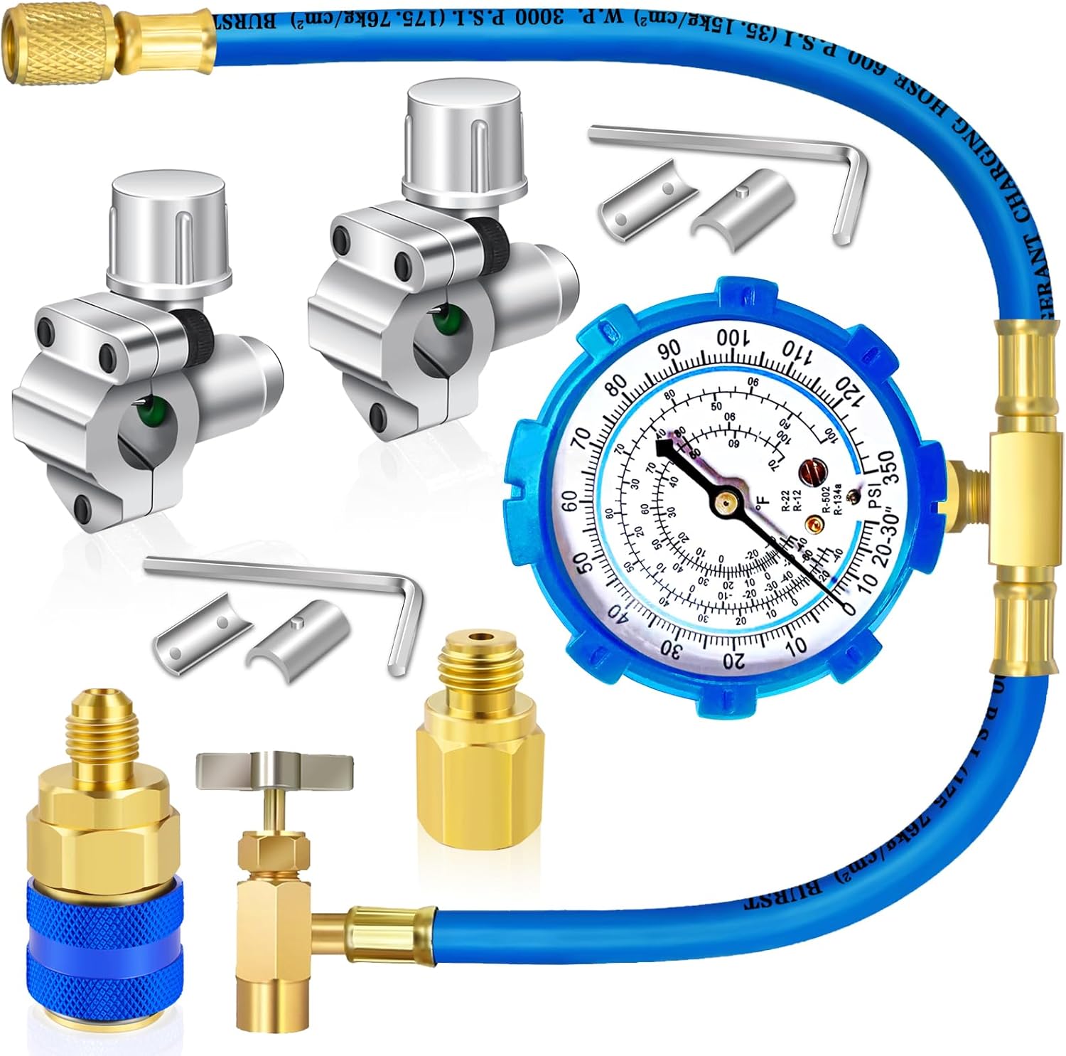 Refrigerator Freon Recharge Hose Gauge Kit - A/C R134a R12 R22 R502 Fridge Recharge Tool Kit With BPV31 Bullet Piercing Tap Valve, Quick Coupler, Self-Sealing Adapter for Refrigerant System