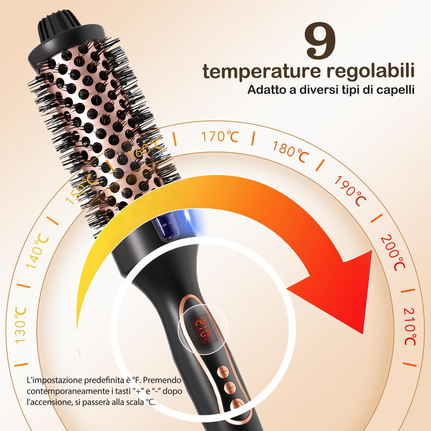 Thermal Brush, Spazzola Termica Arricciante, Spazzola Rotonda Termica Elettrica Ionica Per Ricci Naturali, 9 Temperature Regolabile, Meno Danni, Fusto Da 38mm, Doppia Tensione