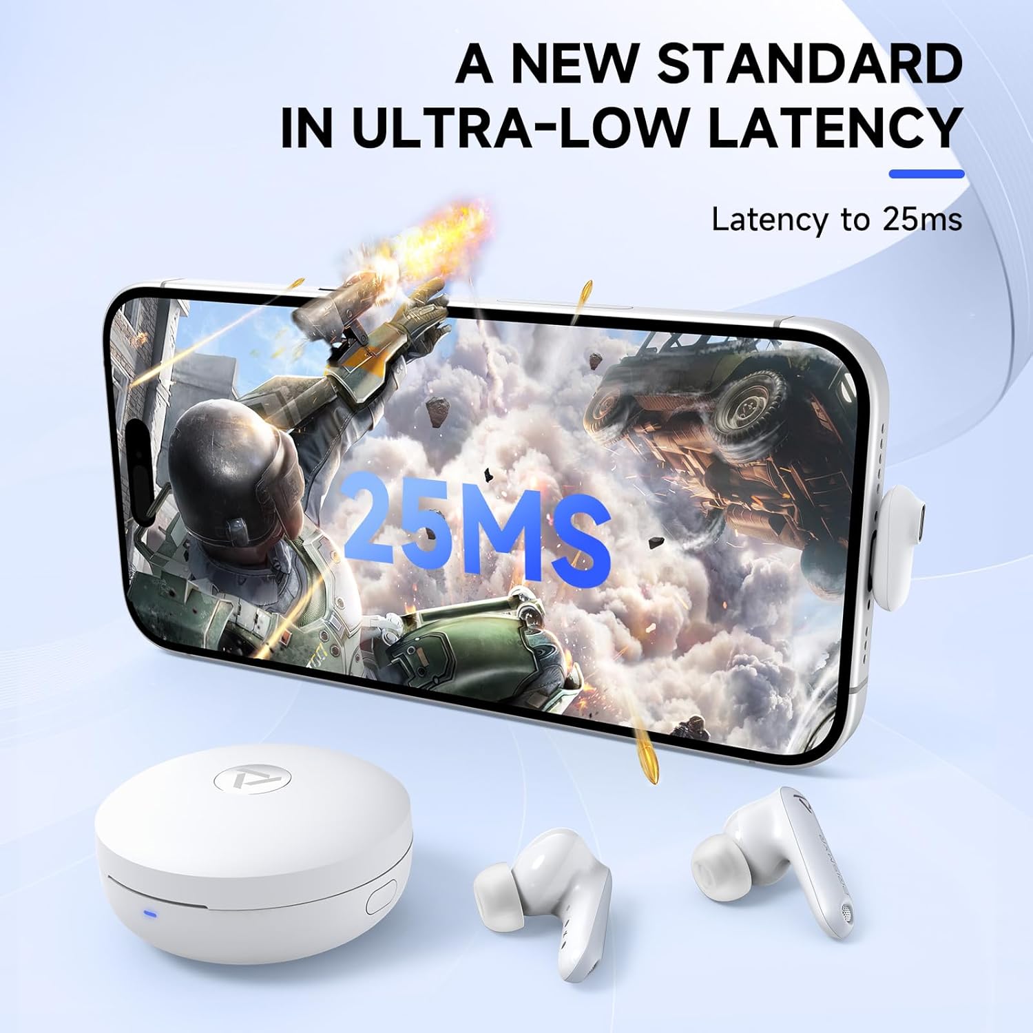 Smartphone screen displaying 25ms latency during gaming with earbuds.