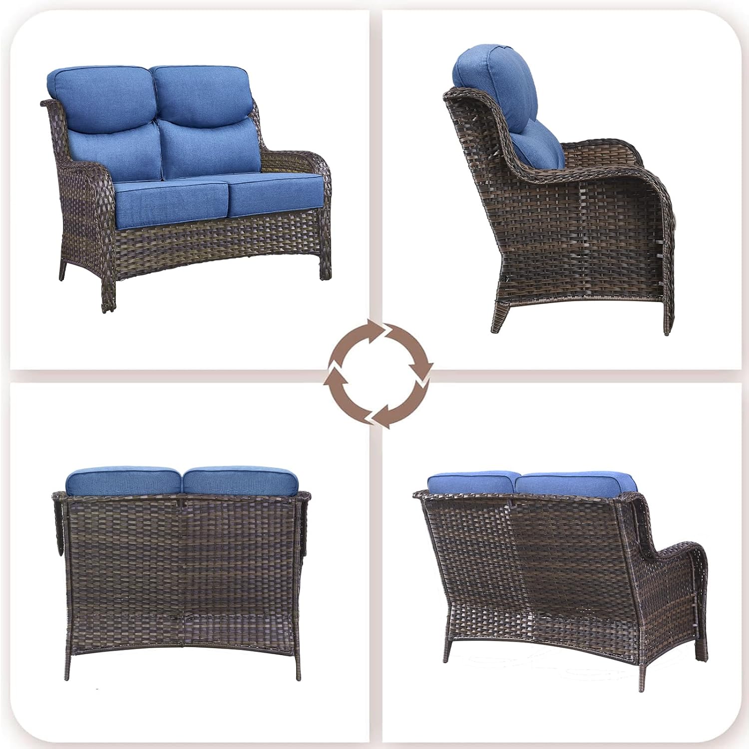 Luxury Patio 2-Seater Sofa Outdoor Loveseat with 6-Inch Smile Cushions - High Back Heavy Duty Comfortable Brown Wicker Rattan Furniture for Porch Balcony Deck Poolside Garden - Navy Blue