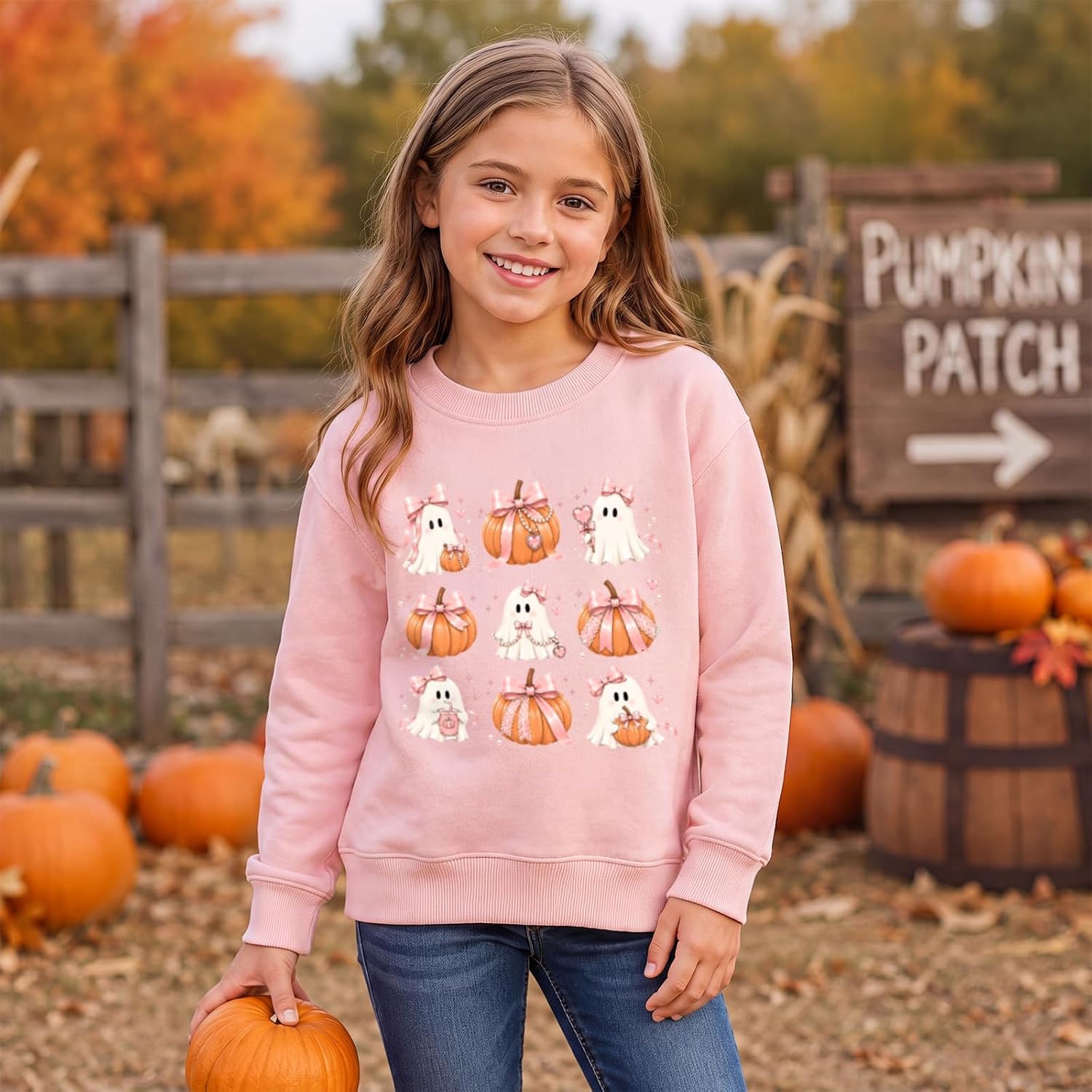 Girls Halloween Sweatshirt Kids Cute Ghost Pumpkin Bow Graphic Sweatshirts Crewneck Pullover Long Sleeve Shirts