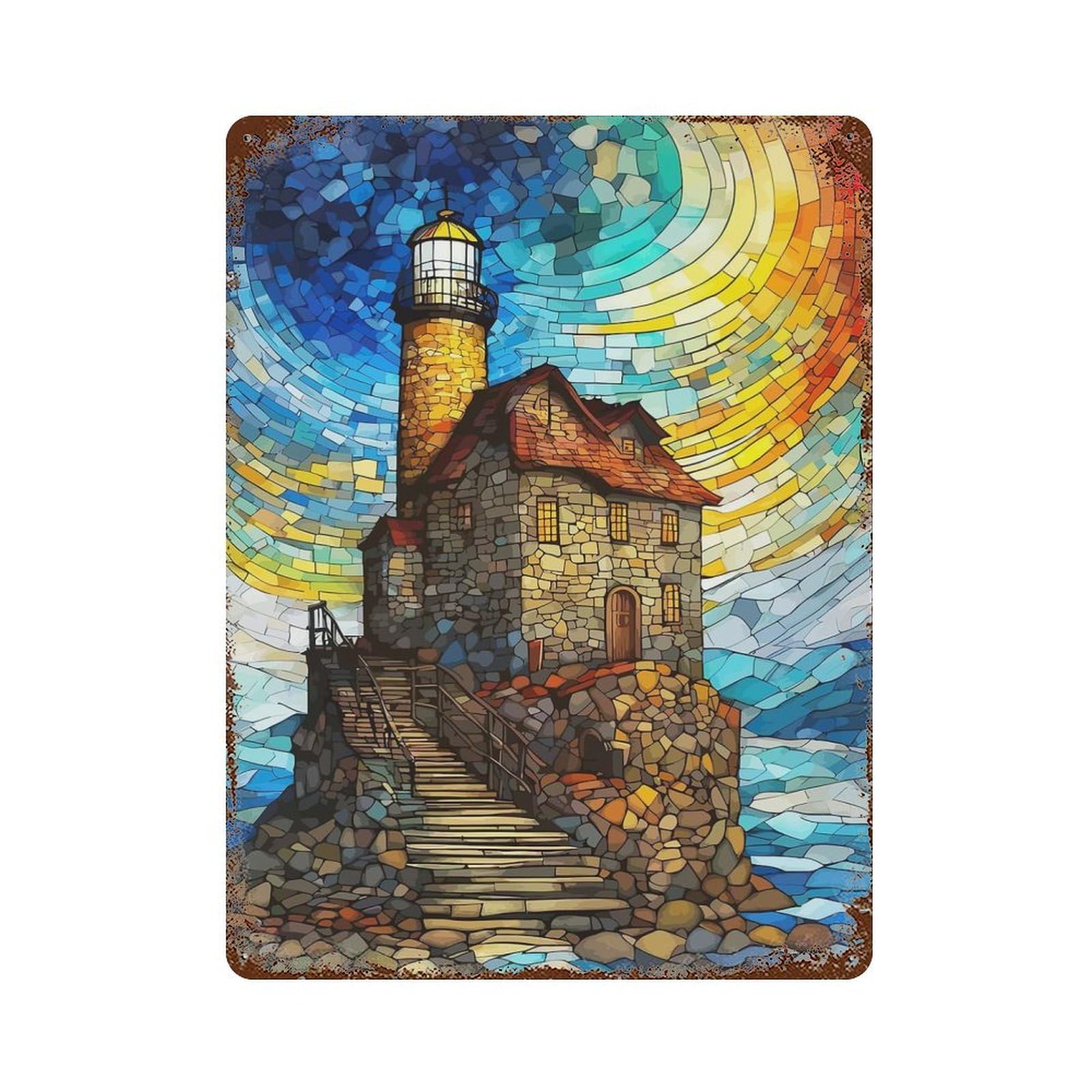 Garage Style Lighthouse on A Cliff Aged Metal Wall Plaque 15.7"x11.8", Farmhouse Wall Decor for Bar And Workshop