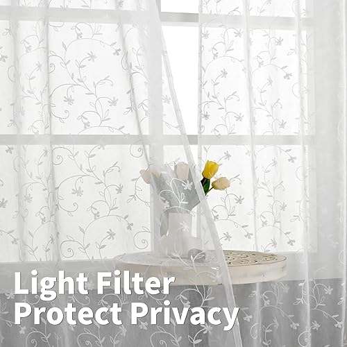 Miniatura 3 de BGment Cortinas semitraslúcidas bordadas florales, juego de 2 paneles de lino sintético con ojales, cortinas de ventana para sala de estar y