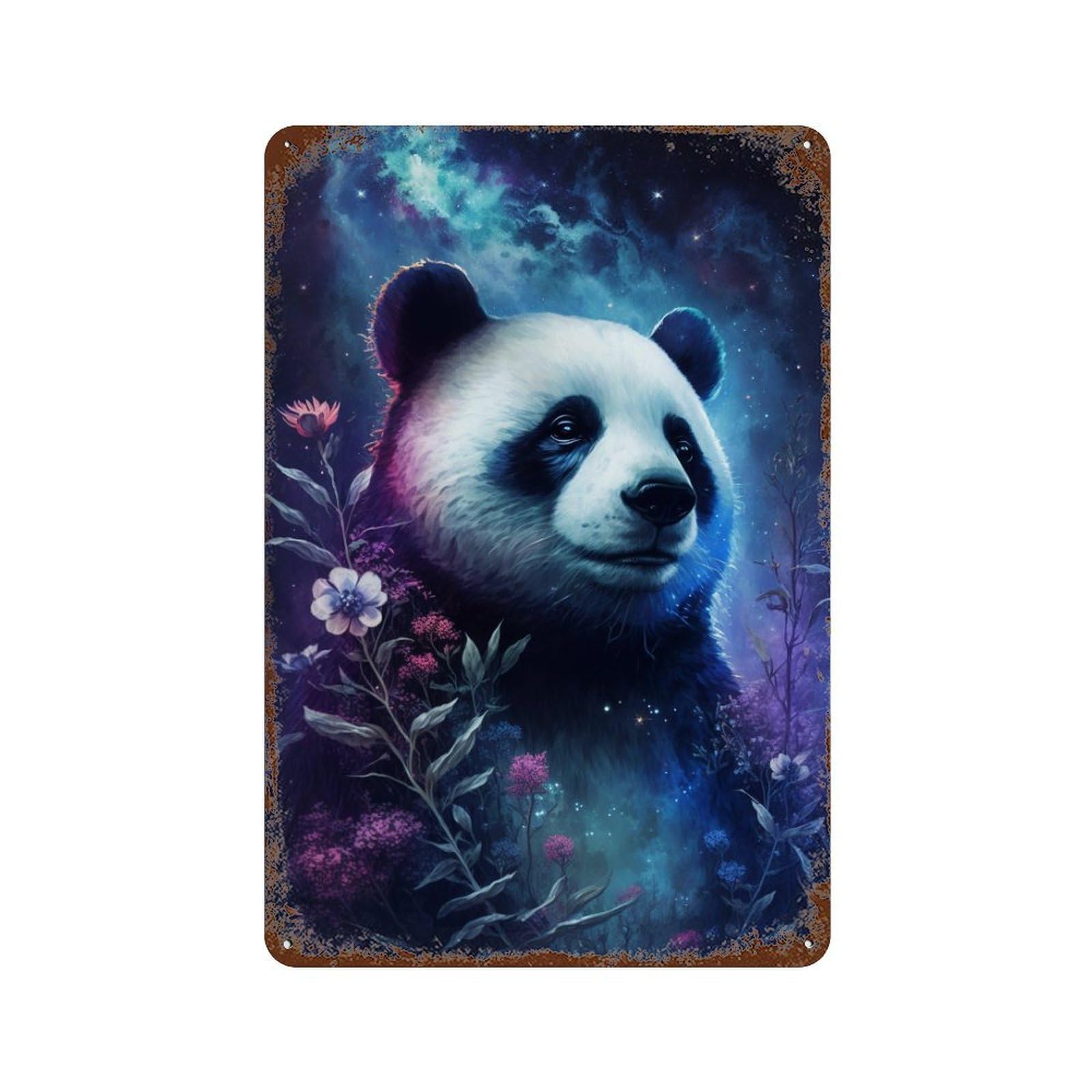 Rust Effect Galactic Panda with Flowers -3 Weathered Tin Sign 11.8"x7.9", Farmhouse Wall Decor for Farmhouse, Kitchen And Entryway Decor