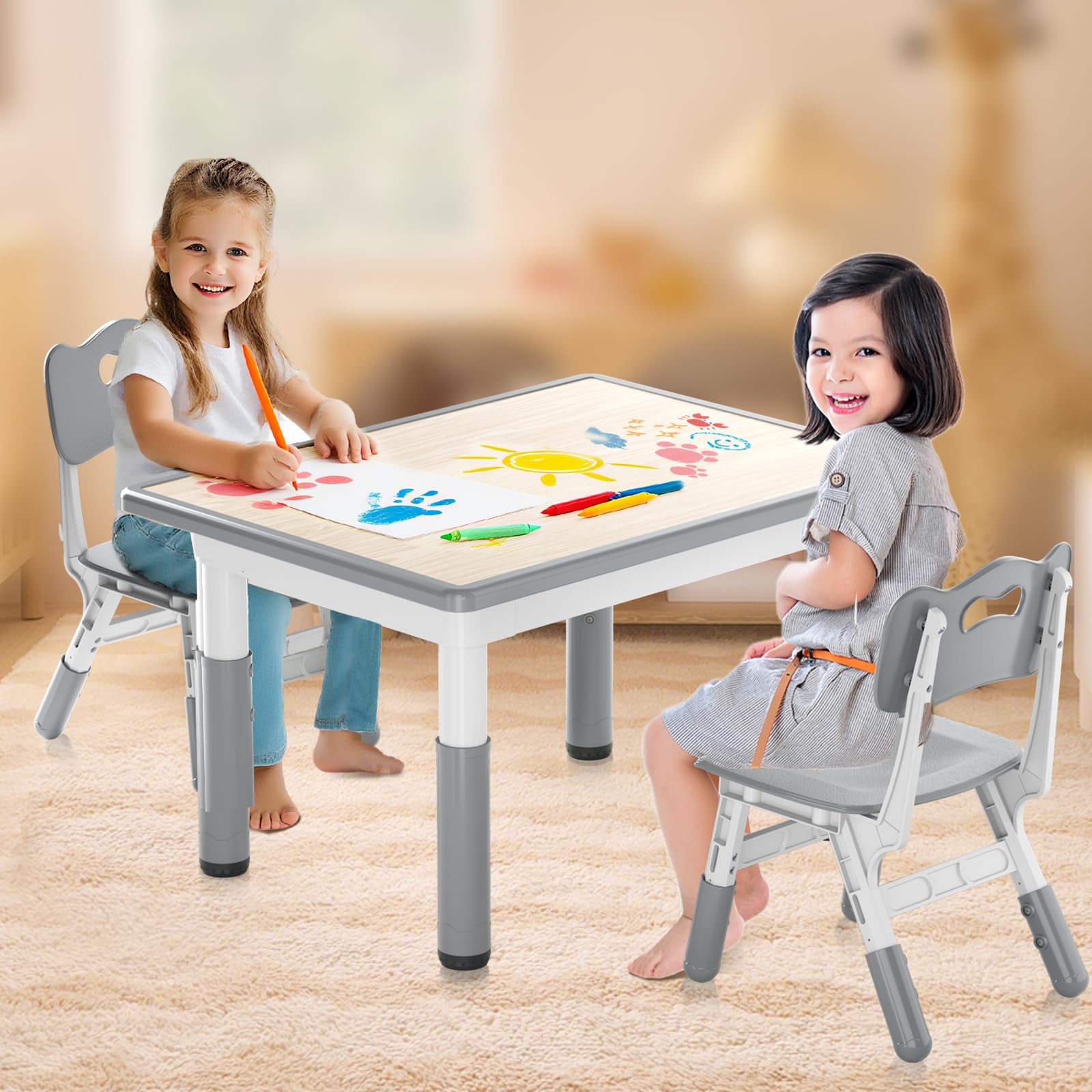 Table pour enfant avec 2 chaises, groupe de sièges pour enfants réglable en hauteur en HDPE & ABS, table de jeu multifonctionnelle pour enfants de 2 à 10 ans, ensemble table et chaise
