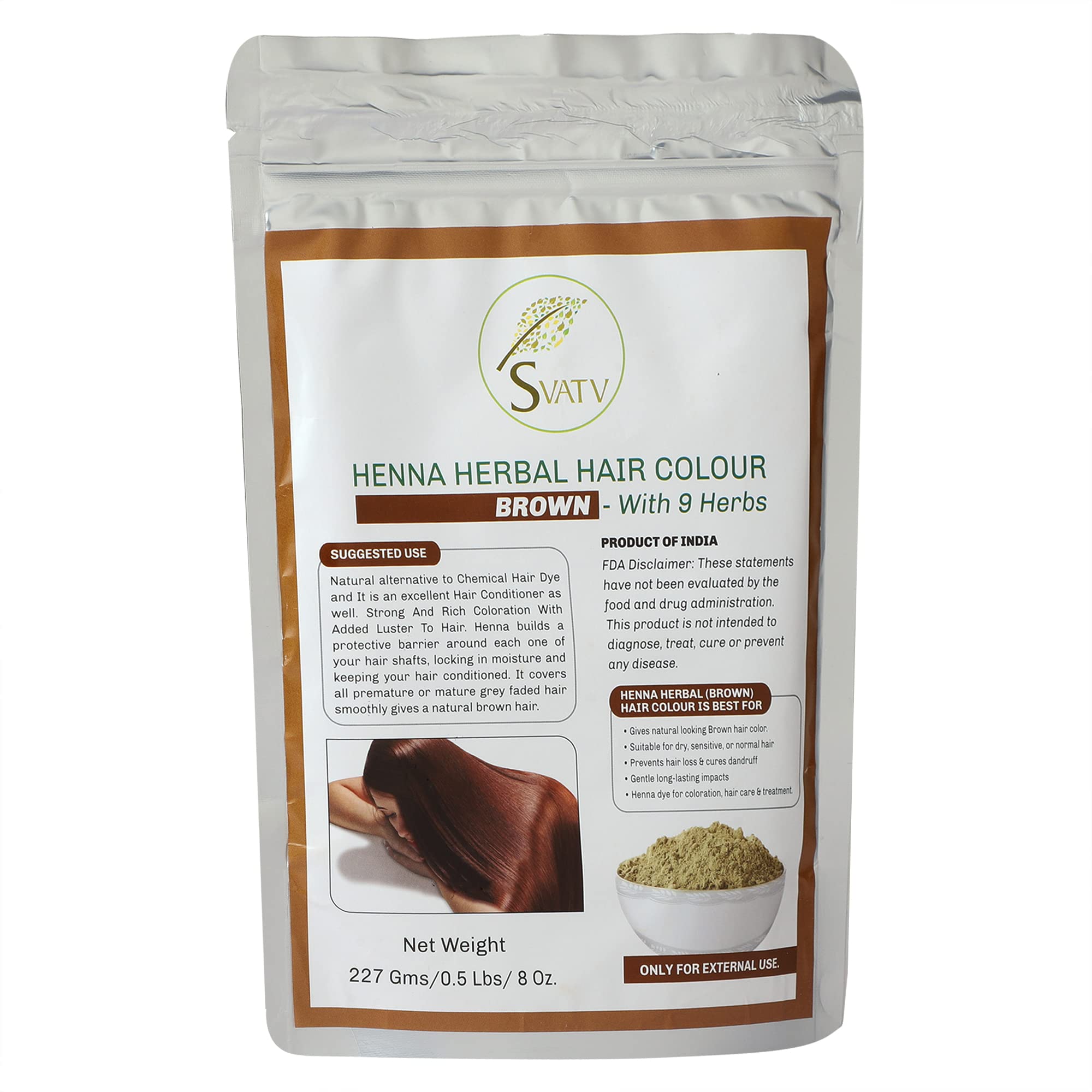 Colore per capelli all'henné MARRON con 9 erbe II Mehndi per capelli, Colore naturale per capelli II 227 g, 0,5 libbre, 08 once