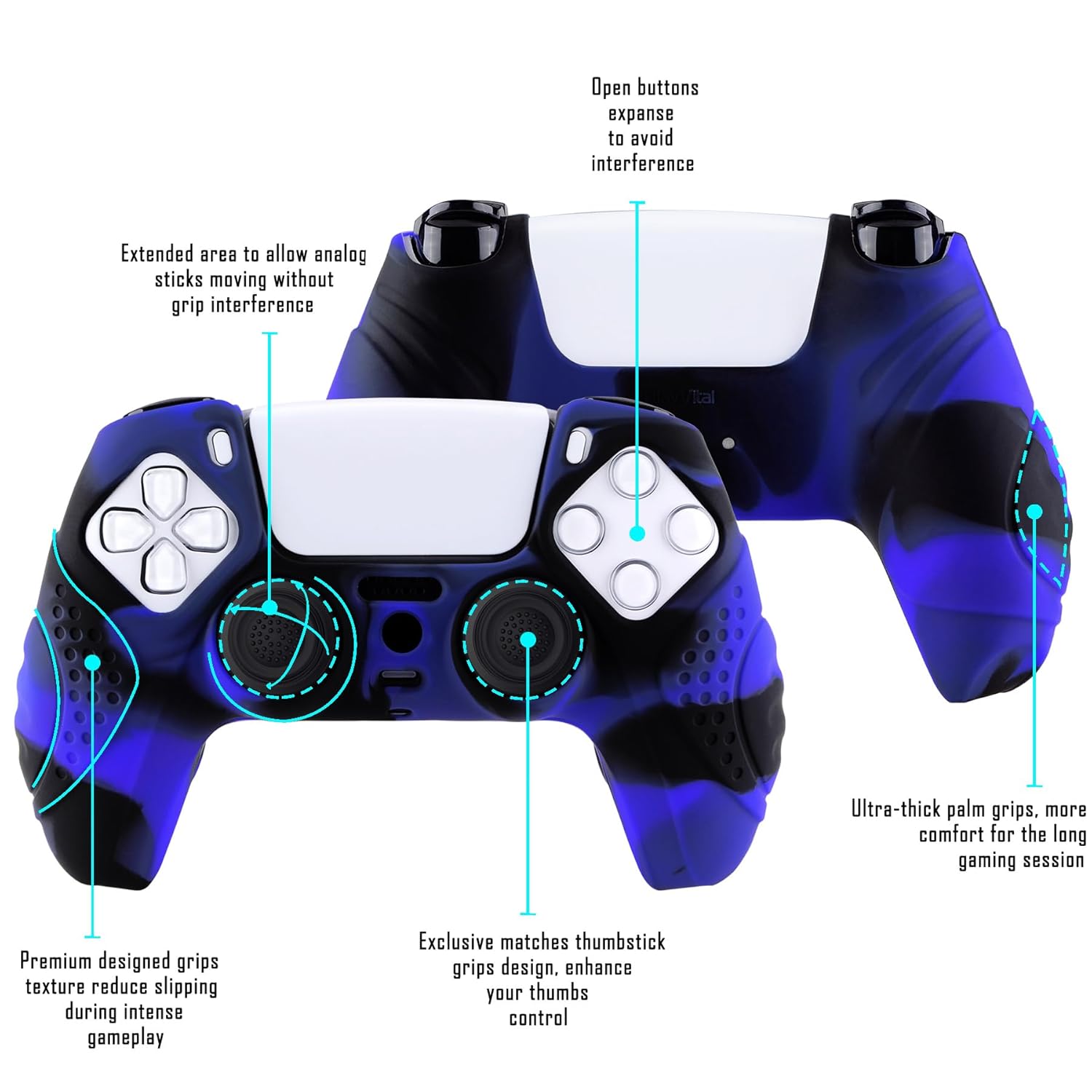 eXtremeRate PlayVital Guardian Edition Ergonomic Soft Anti-Slip Controller Silicone Case Cover for ps5, Rubber Protector Skins with Black Joystick Caps for ps5 Controller - Blue & Black - Image 4