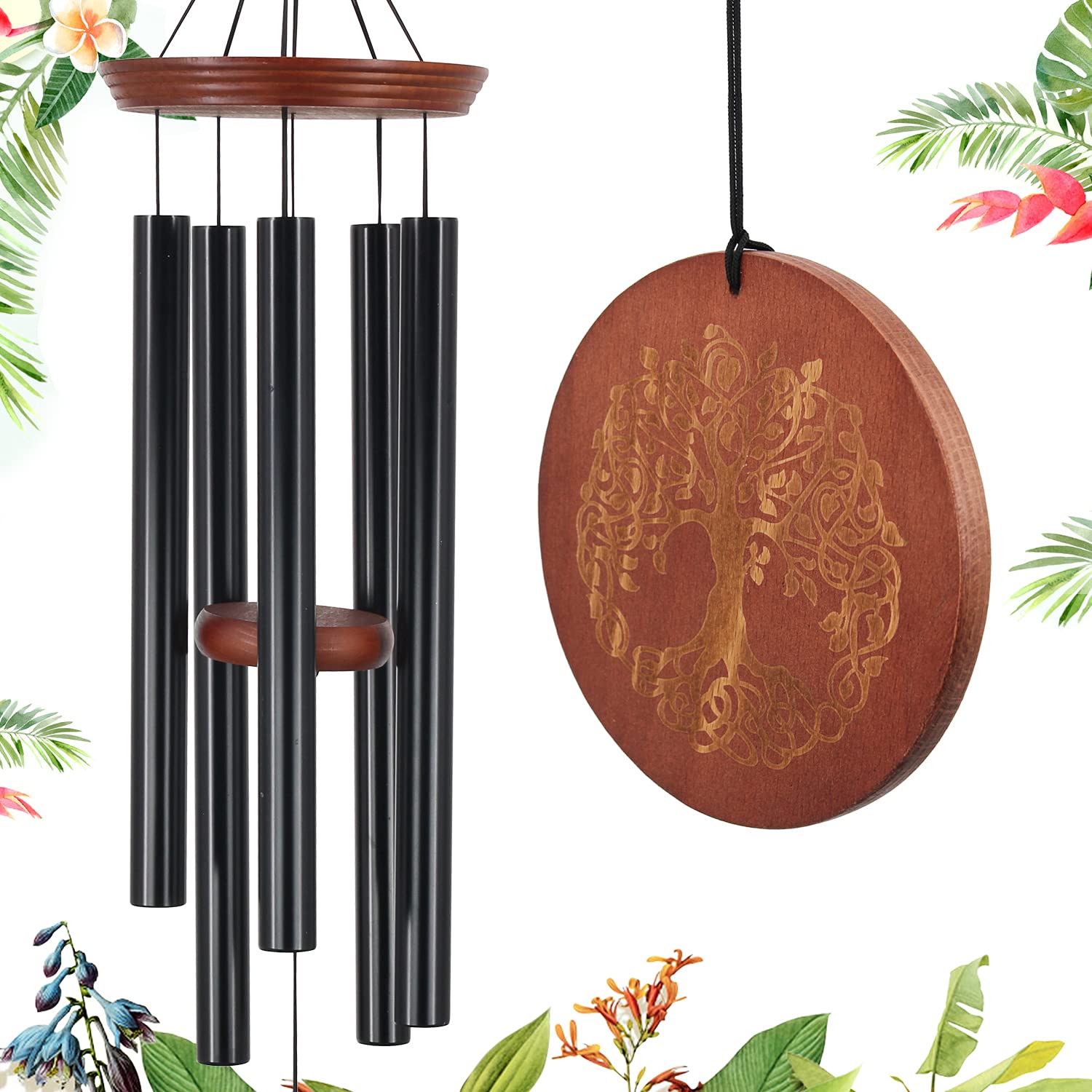 Windspiel, für den Außenbereich, tiefer Ton, 91.4 cm, großes Gedenk-Windspiel für den Verlust eines geliebten Menschen, Gravur, Baum des Lebens, Geschenk für Mutter, Garten, Hängedekoration, Schwarz