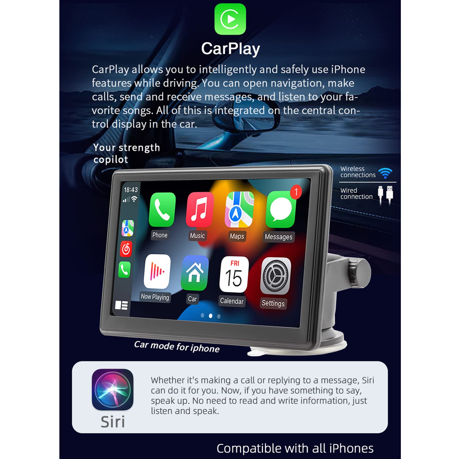 Autoradio portatile compatibile for wireless Carplay e Android Auto, auto stereo monitor 7" con telecomando, telecamera posteriore, Mirror Link, Bluetooth, trasmettitore FM, porta scheda AUX/USB/TF