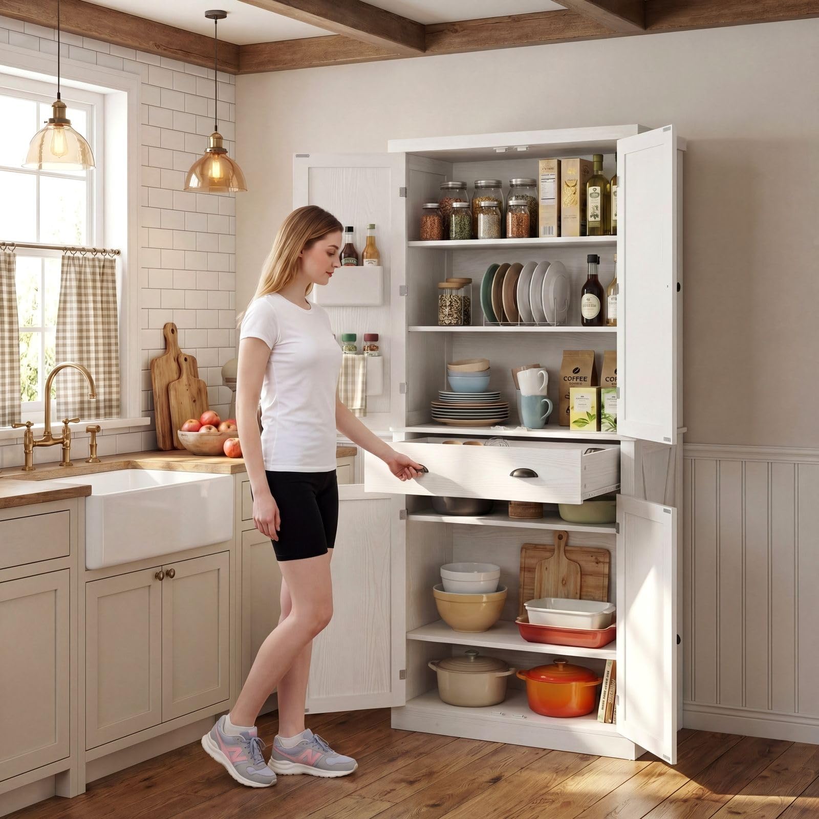 IRONCK Küchenschrank Hochschrank Mit Schubladen, 40 x 77,5 x 184,5 cm, Weiß | Aufbewahrungsschrank Mit Flügeltüren, Schublade, 3 verstellbaren Einlegeböden für Wohnzimmer Küche