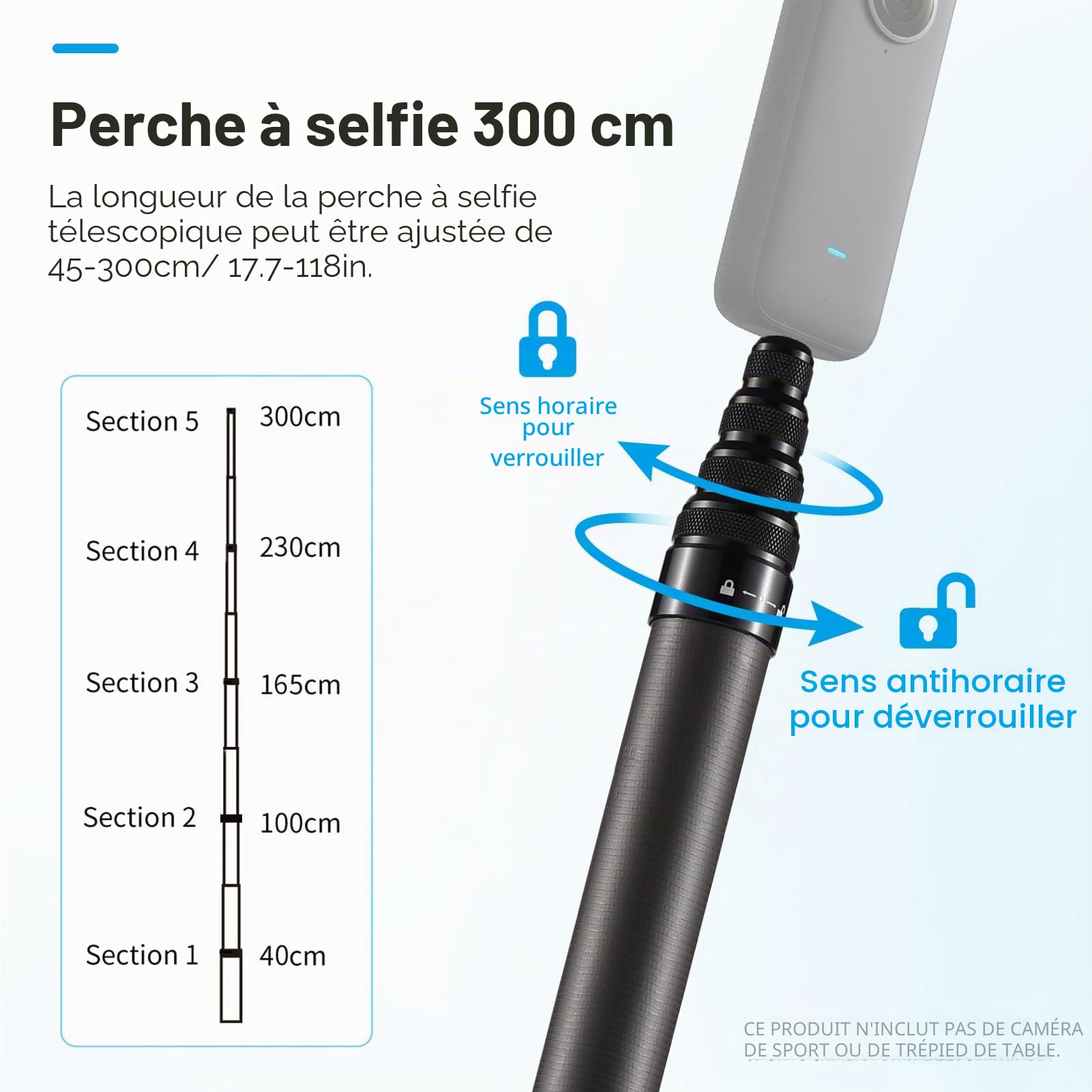3 mètres Perche à Selfie Invisible pour caméra d'action, Extension réglable en Fibre de Carbone, vis 1/4 Pouce avec Sac de Rangement en Tissu pour caméra d'action Insta 360 One X/One X2/One R/X3/X4