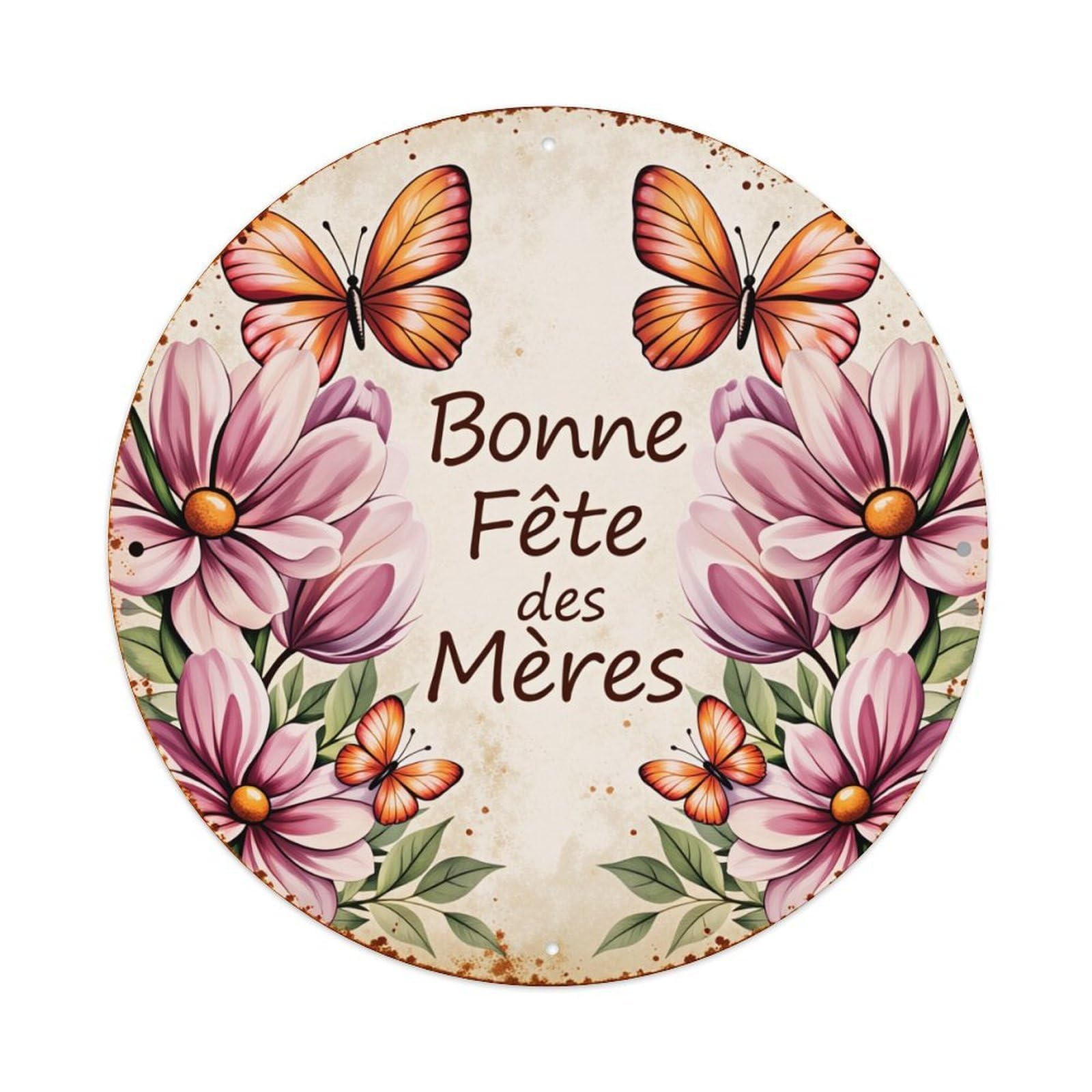 Floral Butterflies Pink Flowers Leaves Round Tin Sign Vintage Style Metal Sign Home Bar Garden Wall Plaque Decor Metal Poster 8x8 Inch