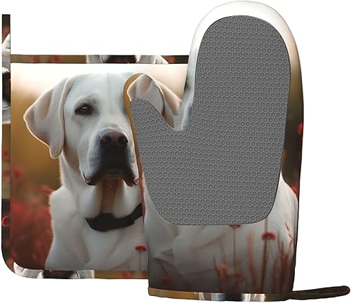 Miniatura 3 de Juego de guantes de horno y soportes para ollas con estampado de labrador blanco, resistentes al calor, antideslizantes, guantes de horno y