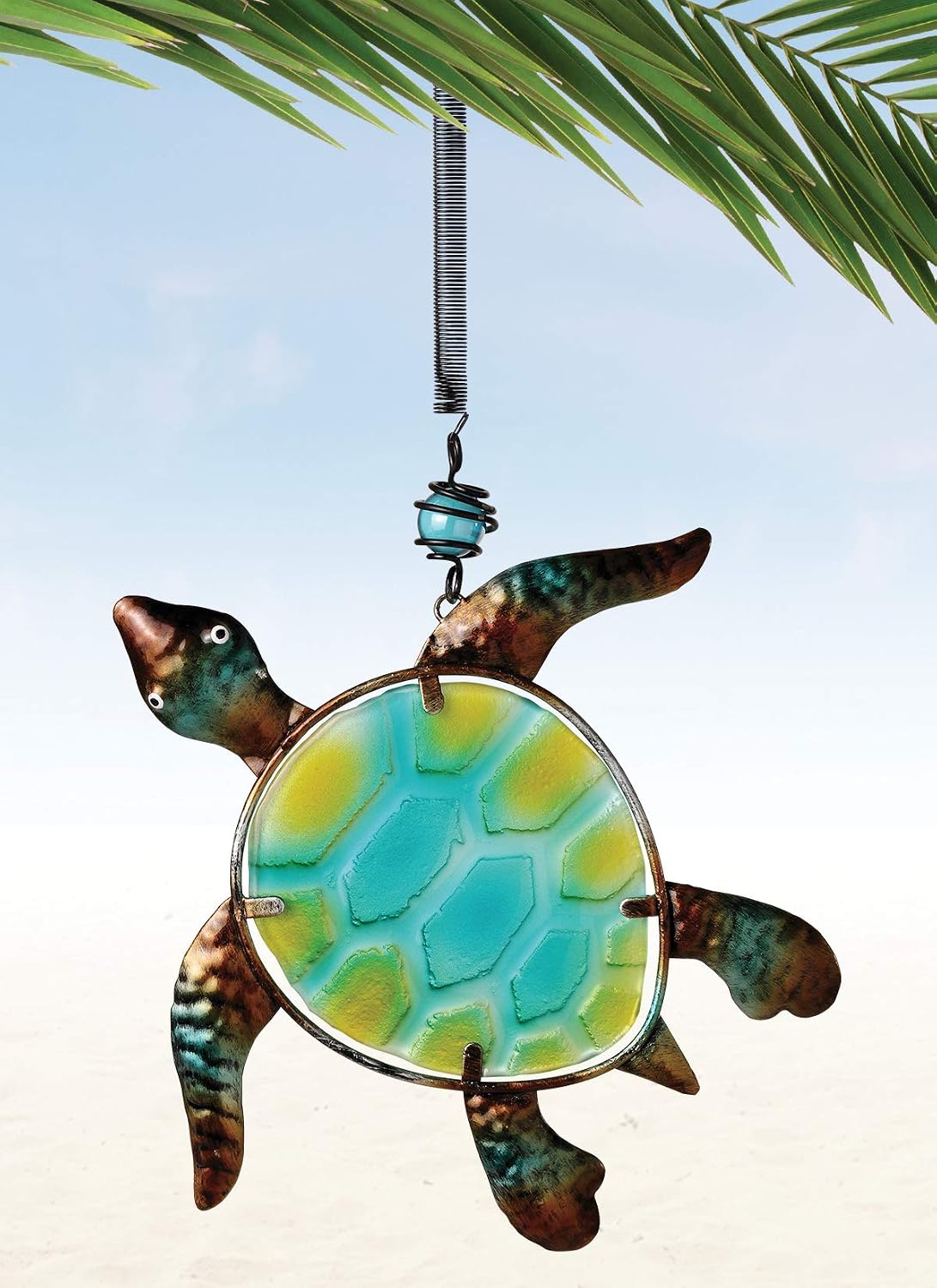 Sunset Vista Designs Metal and Glass Sea Turtle Bouncy Hanging Decoration, Green