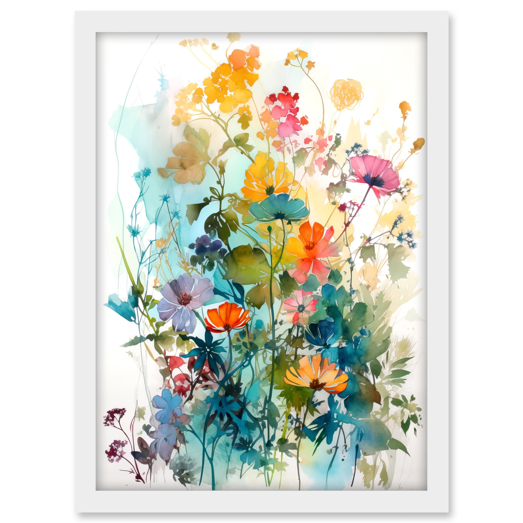 Artery8 Wild Flowers Watercolour Painting Rainbow Colour Bright Floral Spring Field Artwork Framed A3 Wall Art Print