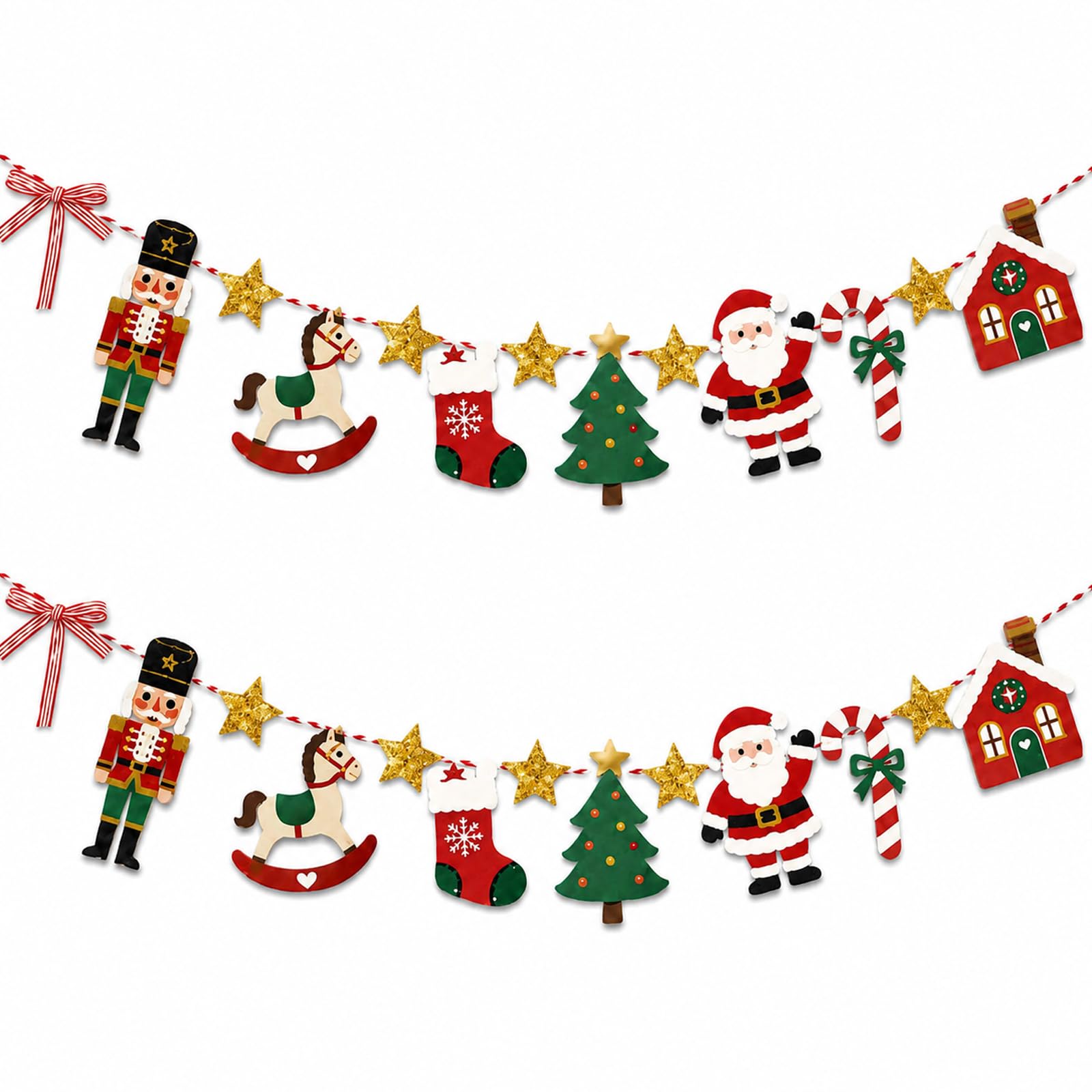 Christmas Bunting 2 Pcs Christmas Decorations Hanging Bunting Garland, Hanging Garland For Fireplace Wall Decor, With Festive Figures and Stars for Merry Christmas Banner Displays on Walls and Mantels