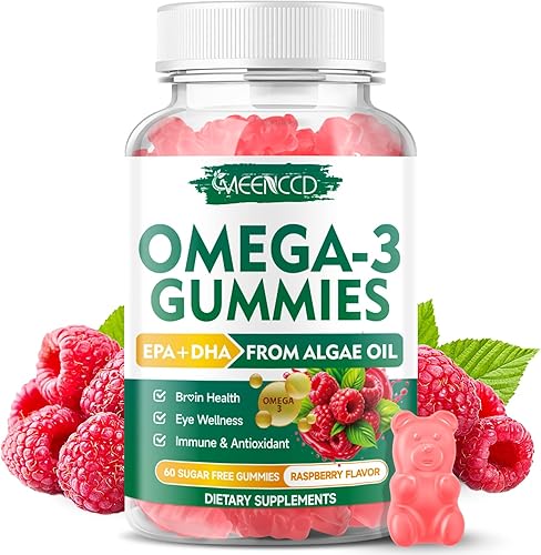 Gomitas veganas Omega-3 de 1000 mg, alternativa de aceite de pescado Omega 3 para adultos, DHA a base de algas 600 mg y EPA 300 mg + vitaminas A, C,