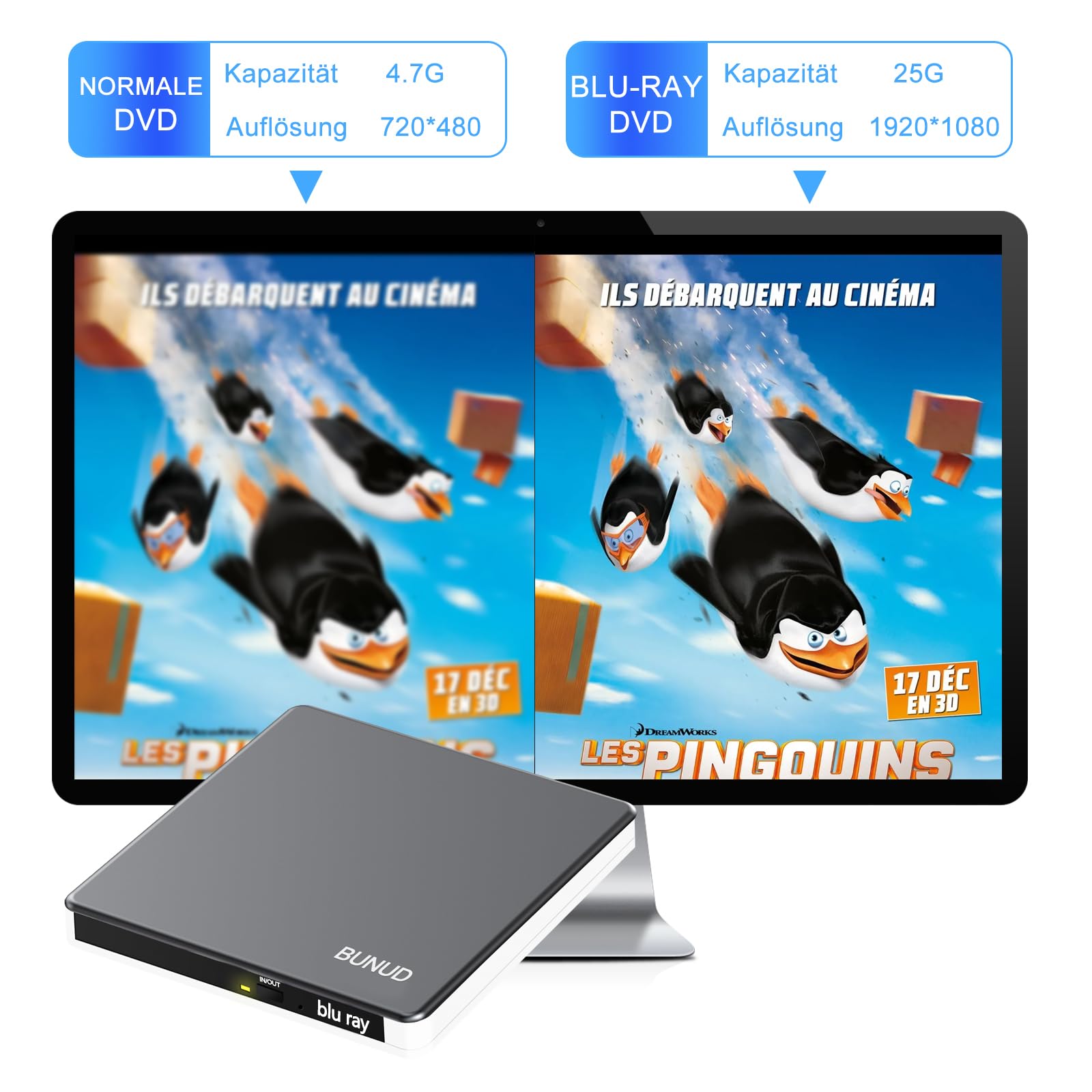 BUNUD Externe Blu Ray CD DVD Laufwerk USB 3.0 Type C Externer CD/DVD Blu-ray Brenner Writer 3D BD Portable Bluray Laufwerk Drive für PC Laptop Windows 11/10 Mac MacBook Pro/Air iMac