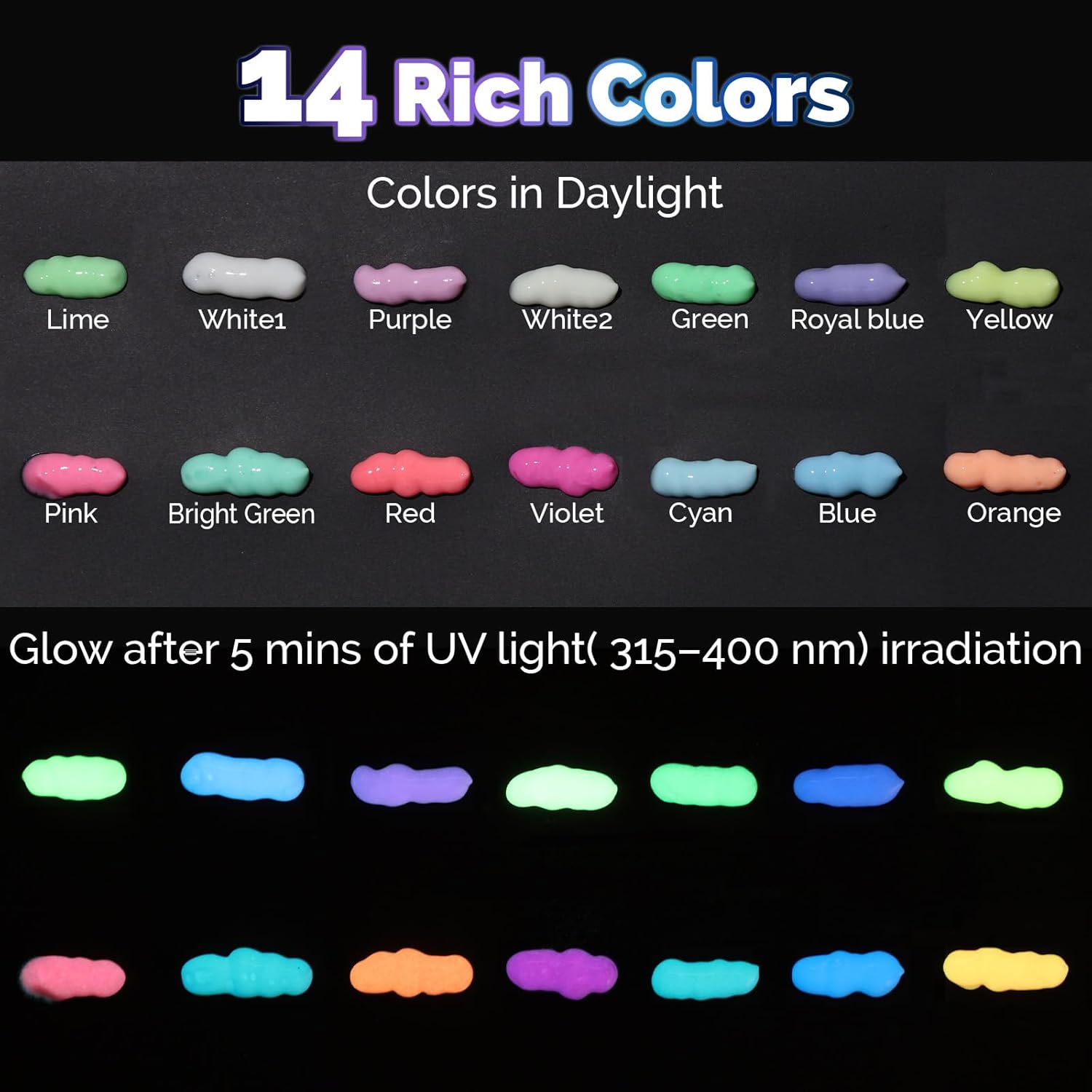 Glow in the Dark Acrylic Paint,14 Bright Colors Each 60ml/2oz Blacklight Paint Set,Neon Paint with Brushes,Knives,Palette, UV Fluorescent Craft Paint for Painting,Easter,Halloween Party Decor