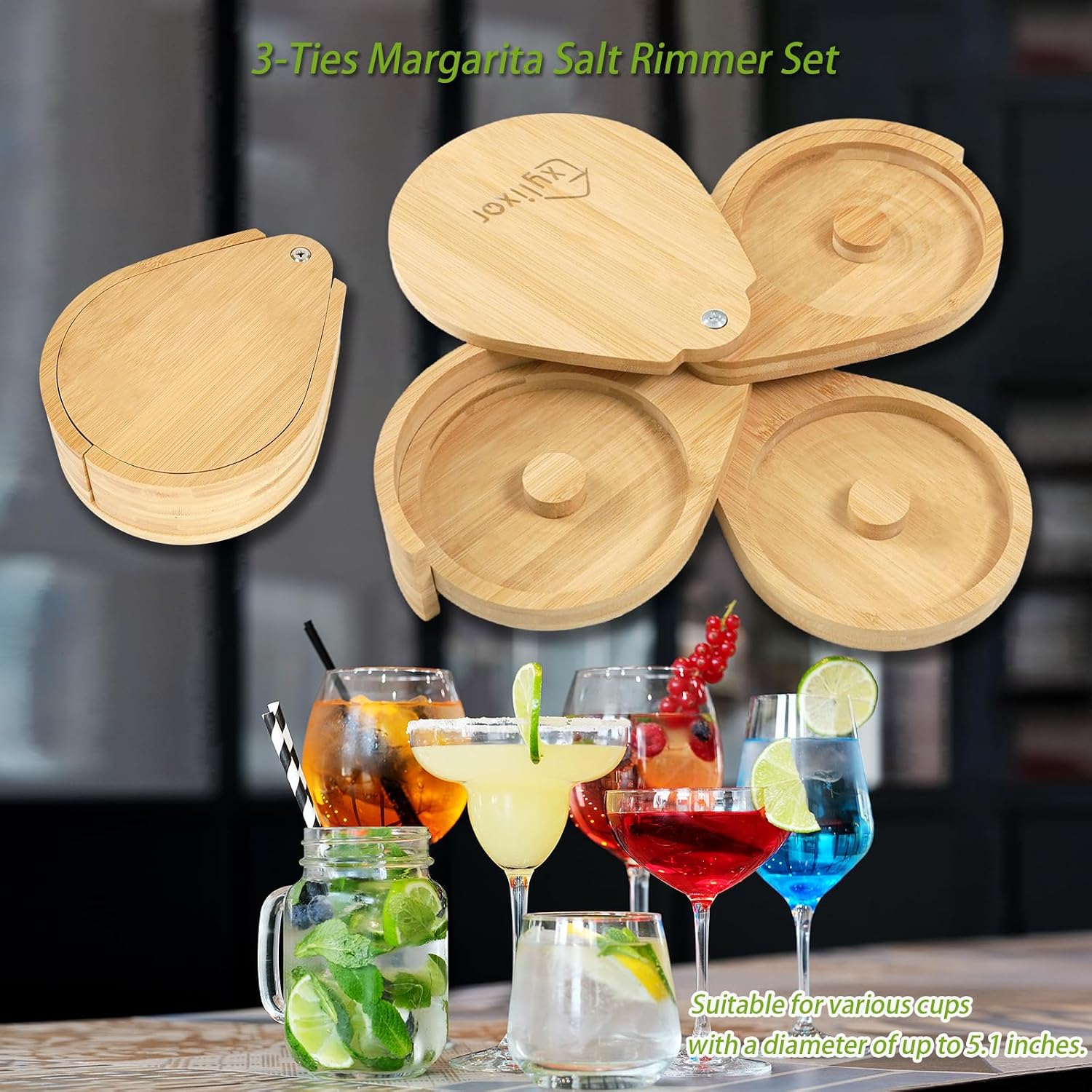 Margarita Salt Rimmer Set, 3-Tiers Salt Rimmer for Cocktails, Bamboo Glass Rimmers for Drinks with Lemon Drop Sponges, Bar Salt and Sugar Rimmer for Bartender, Bar Tools & Supplies