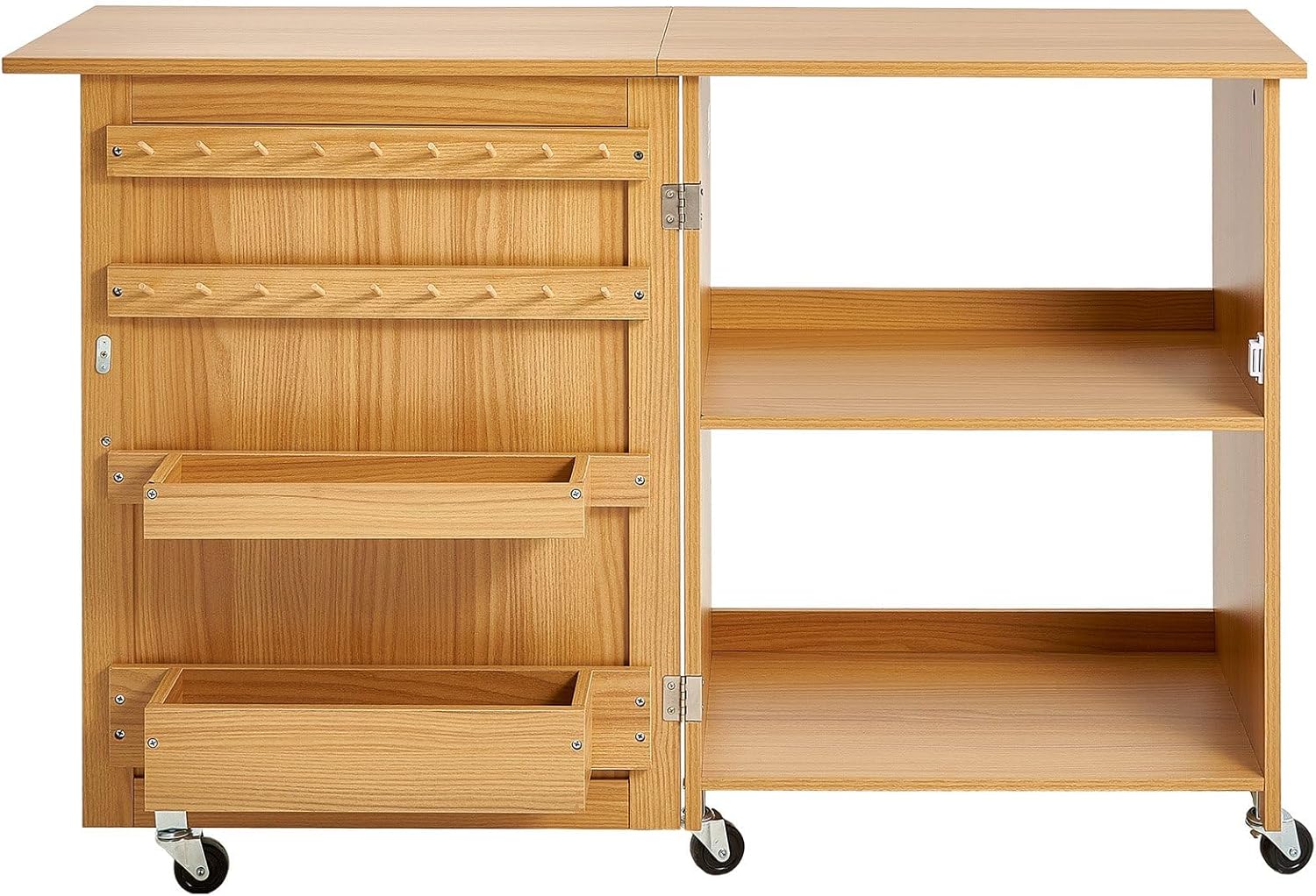 Folding Sewing Table with Lockable Wheels Storage Shelves Trays Door Wood Color
