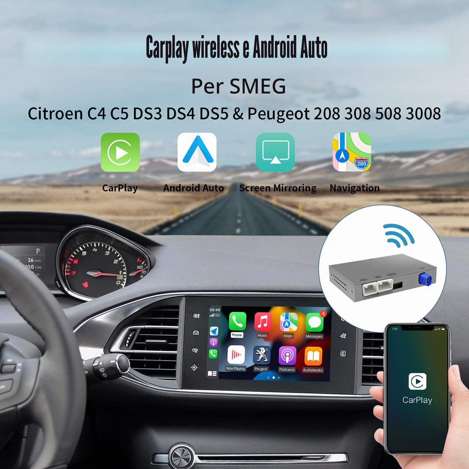 Adattatore auto senza fili CarPlay/Android per Peugeot Citroen Picasso 2013-2016 DS4 DS3 308 508 208 2008 C4 Support Specchio Link Navigation Audio e Video USB Camera