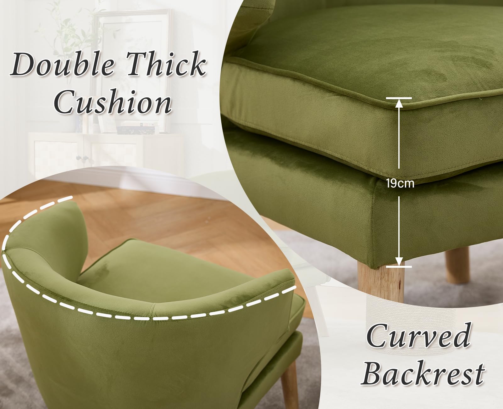 chairus Sessel Samt Einzelsofa mit Holzbeinen, Akzentstuhl Schlafzimmer Loungesessel mit Doppelkissen, Relaxsessel Wohnzimmer, Grün