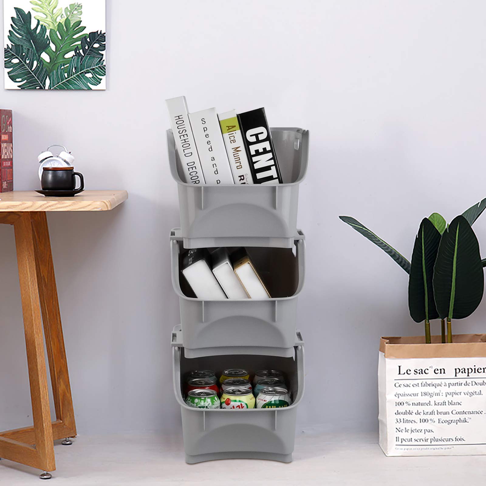 Asking Panier de rangement empilable gris, support de paniers de cuisine pour organisateur de fil empilable polyvalent à 3 niveaux