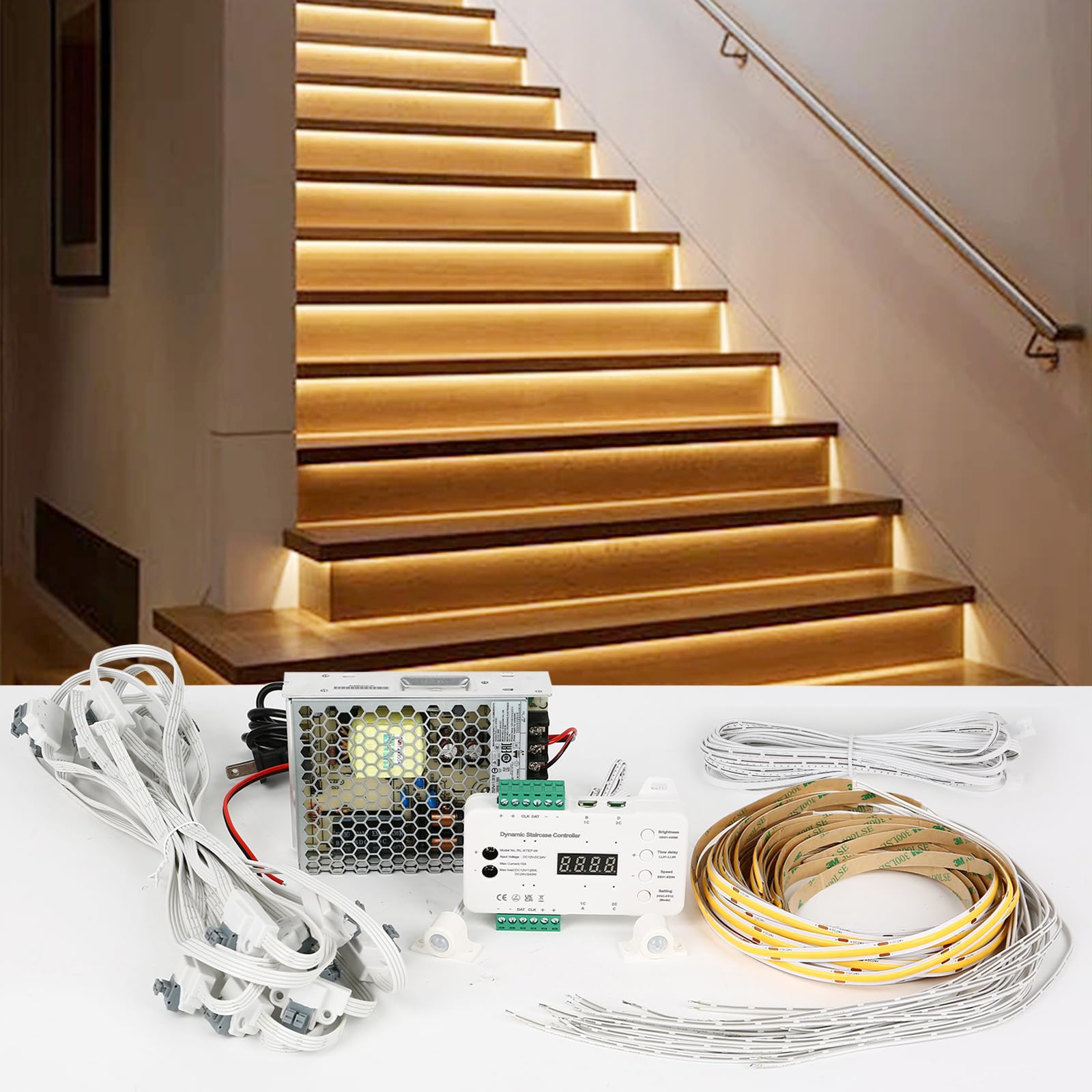 Illuminazione per gradini a LED con sensore di movimento, 20 livelli, set completo (luce calda 2700 K)