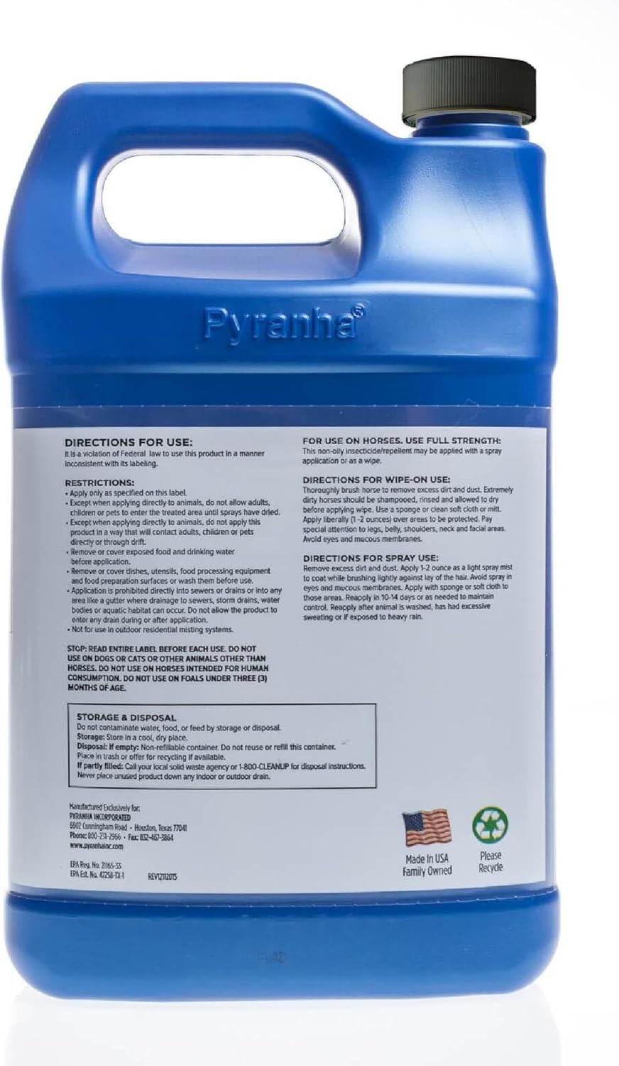 Pyranha Equine Spray and Wipe Fly Repellent for Horses – Water-Based Formula with Citronella Scent, Long-Lasting, Dust-Free, No Shake Required, Gallon