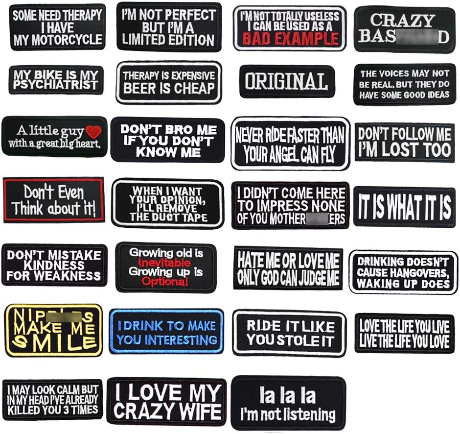 27pcs Assorted Iron on Word Patches for Motorcycle Biker Vest Embroidered Iron-on Slogan Letter Patch for Backpacks Sew on Appliques for Jean Jackets Bicycle Bags Caps Clothing