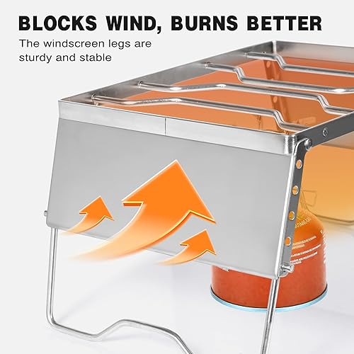 Vista 5 de REDCAMP Parrilla de fogata portátil de 12 pulgadas, acero inoxidable 304, parrilla plegable de fogata con parabrisas patas ajustables en altura