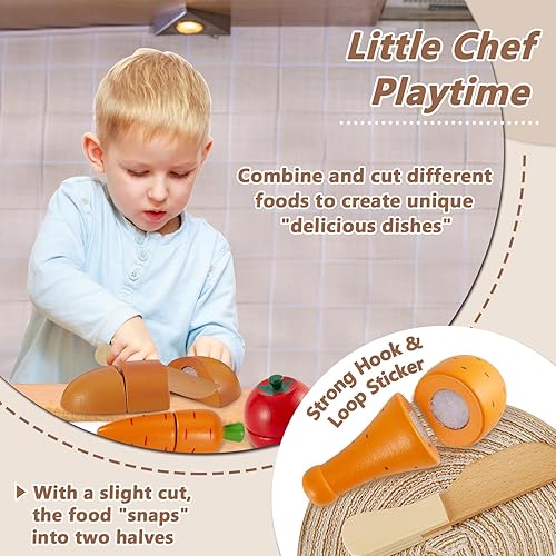 Miniatura 6 de HERSITY Cesta de pícnic, juguetes de madera para niños pequeños, cortar verduras, juguetes para niños, accesorios de cocina, juego de fiesta de té,
