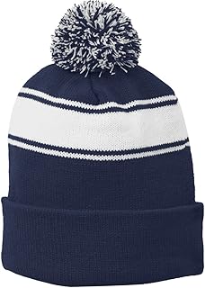 Sport-Tek Stripe Pom Pom Beanie OSFA True Navy/Wht