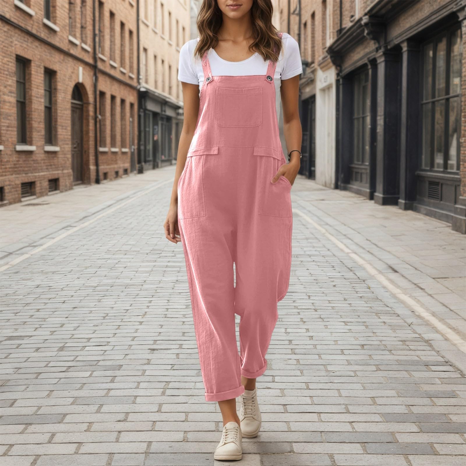 Pantalon long décontracté ample avec bretelles réglables dans le dos et lien autour du cou, combinaison tout-en-un pour femme, idéal pour un look casual ou d'intérieur, doté de poches latérales