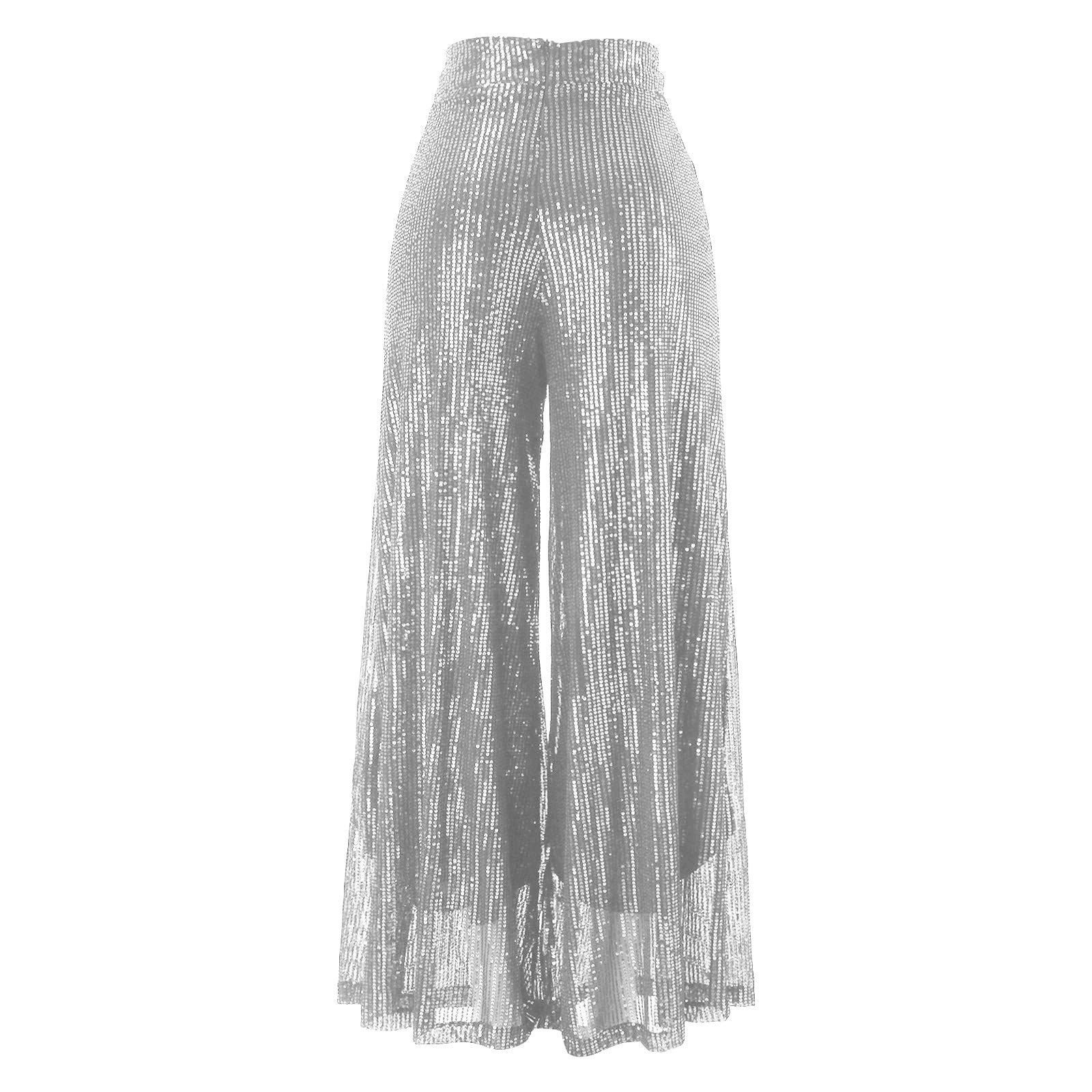 Generico Pantaloni Glitterati Donna Paillettes Zampa Gamba Completo Curvy vestibilità Comoda Pantalone Elegante Culotte Larghi Pantaloncini Brillantini Extra Lunghi con