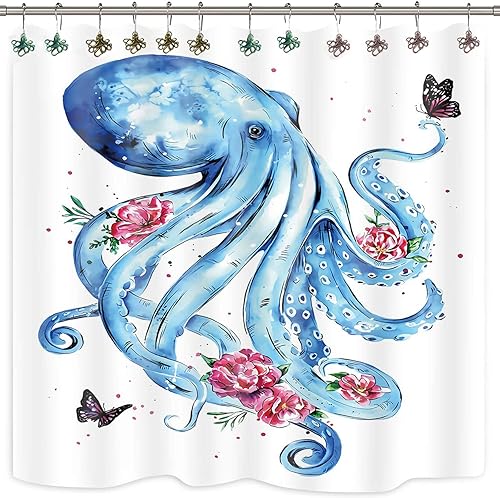 Miniatura 6 de Juego de 12 ganchos decorativos para cortina de ducha de pulpo, para el hogar, baño, calamar, criatura marina, bestia, acero inoxidable, anillos de