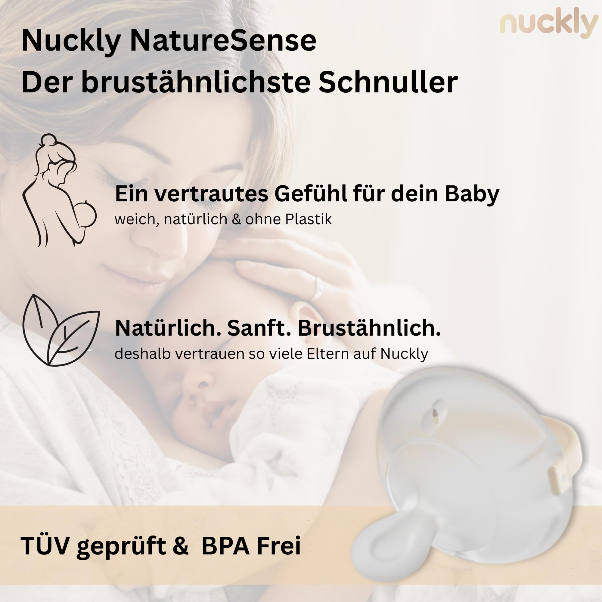 Nuckly NatureSense smoczek przypominający pierś, 1-24 miesięcy, nie zawiera BPA, silikon spożywczy, beżowy, 2 sztuki