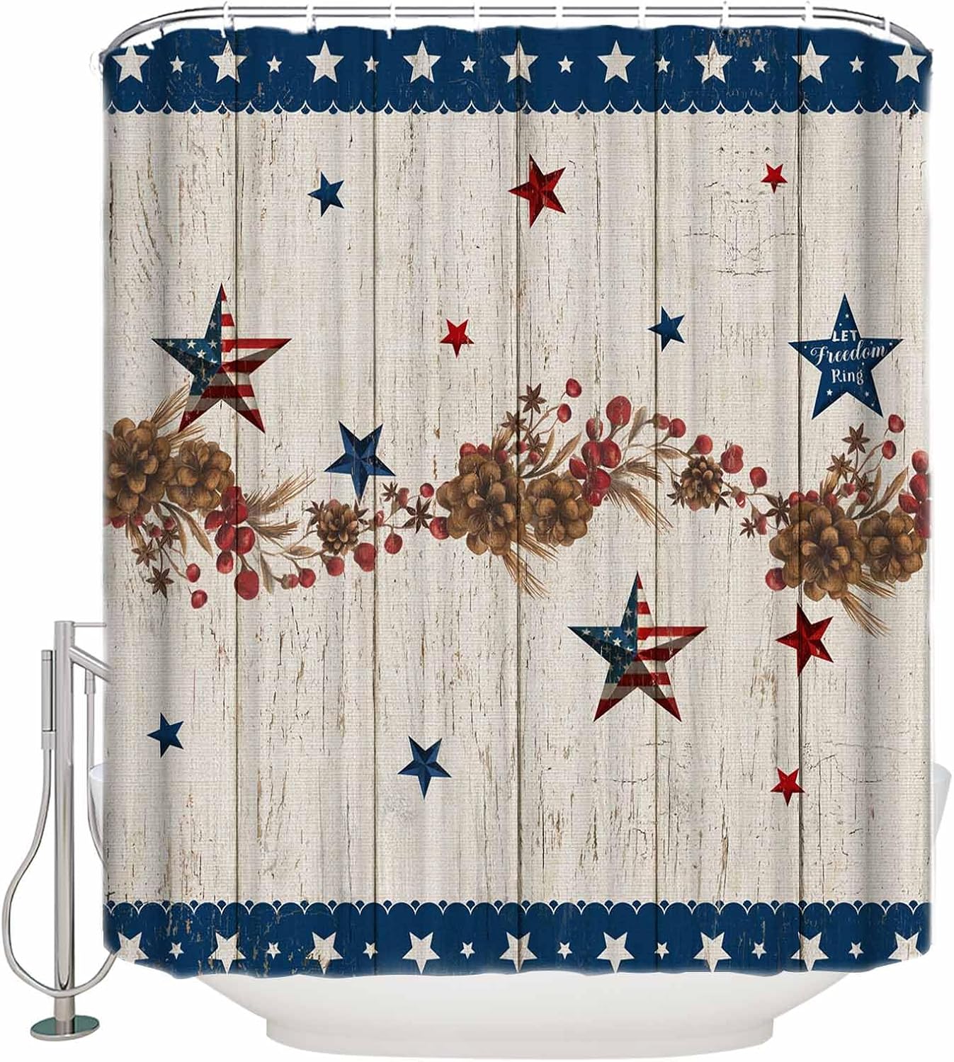 Fabric Shower Curtain for Bathroom 72"W x 72"L 4th of July USA Flag Star Patriot Farmhouse Retro Beige Shower Curtain with Hooks Bathroom Decor Waterproof Shower Curtains Machine Washable for Home