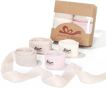 Pretty Jolly Pink Set Silk Chiffon Wedding Ribbon 1 Inch x 12 Yards, 4 Rolls, Handmade Crinkle Chiffon Ribbon for Bouquets, Invitations, Decor