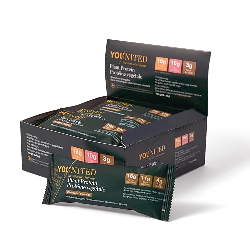 Vegan Protein Bars by Younited Wellness | Made in Canada | With Real Food Ingredients and 16g of Protein | Boosts Energy | 10g of Fibre and Low in Sugar | Chocolate | 12 Bars per Box - Chocolate