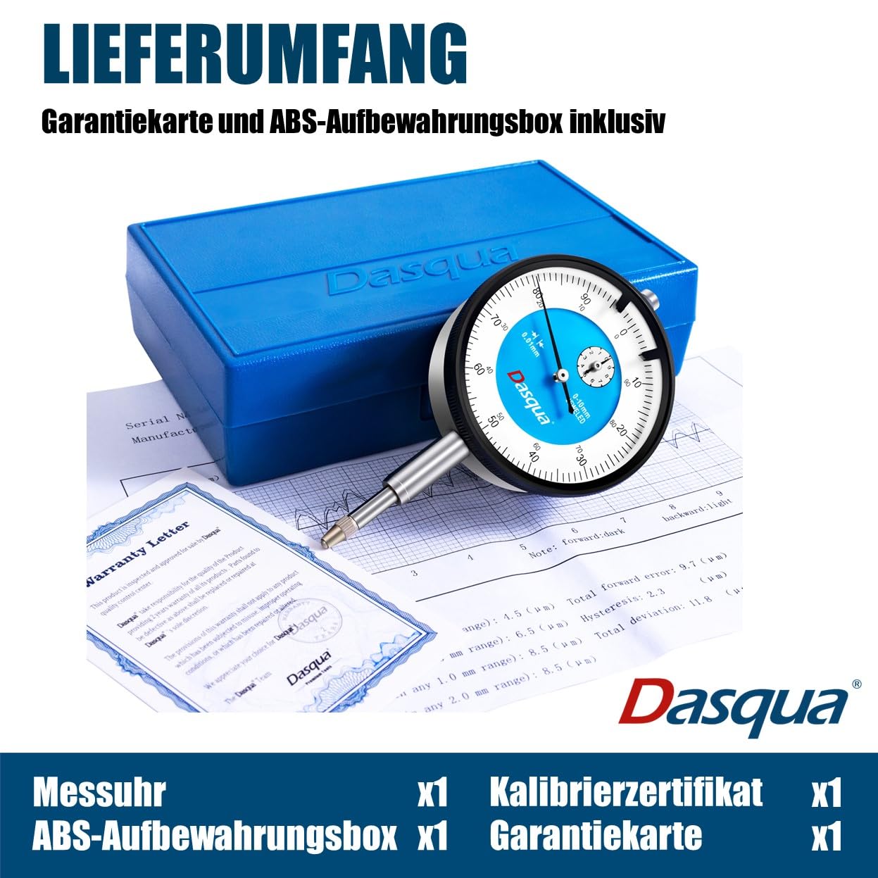 Contents of the Dasqua Dial Gauge package, including the gauge, warranty card, and blue ABS storage case.