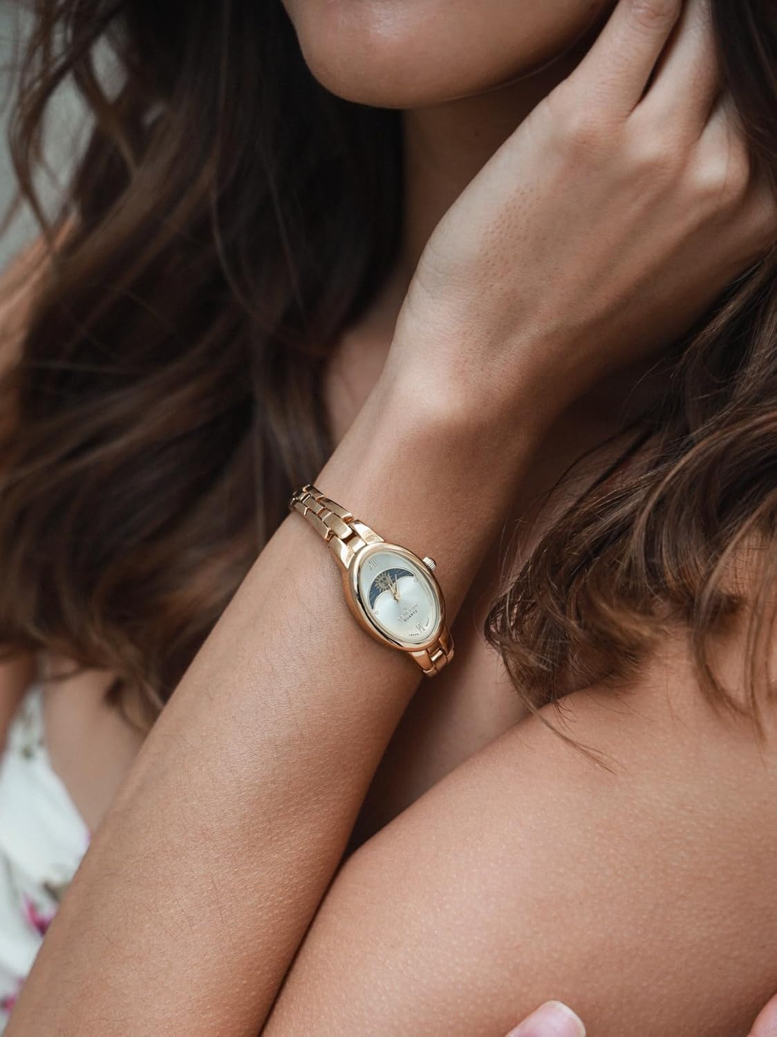 Peugeot Womens 30mm x 20mm Oval Watch with Sun-Moon Phase Roman Numeral Dial and Metal Link Bracelet