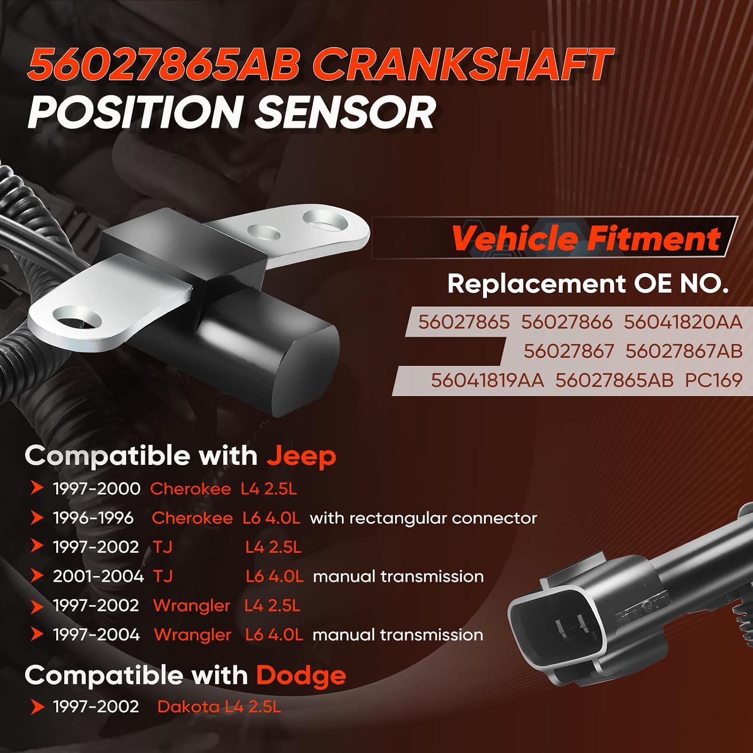 56027865AB Crankshaft Position Sensor, Engine Crankshaft Position Sensor Compatible with Dodge Dakota 1997-2002 Jeep Cherokee 1996-2000 Wrangler 1997-2004 TJ 1997-2002