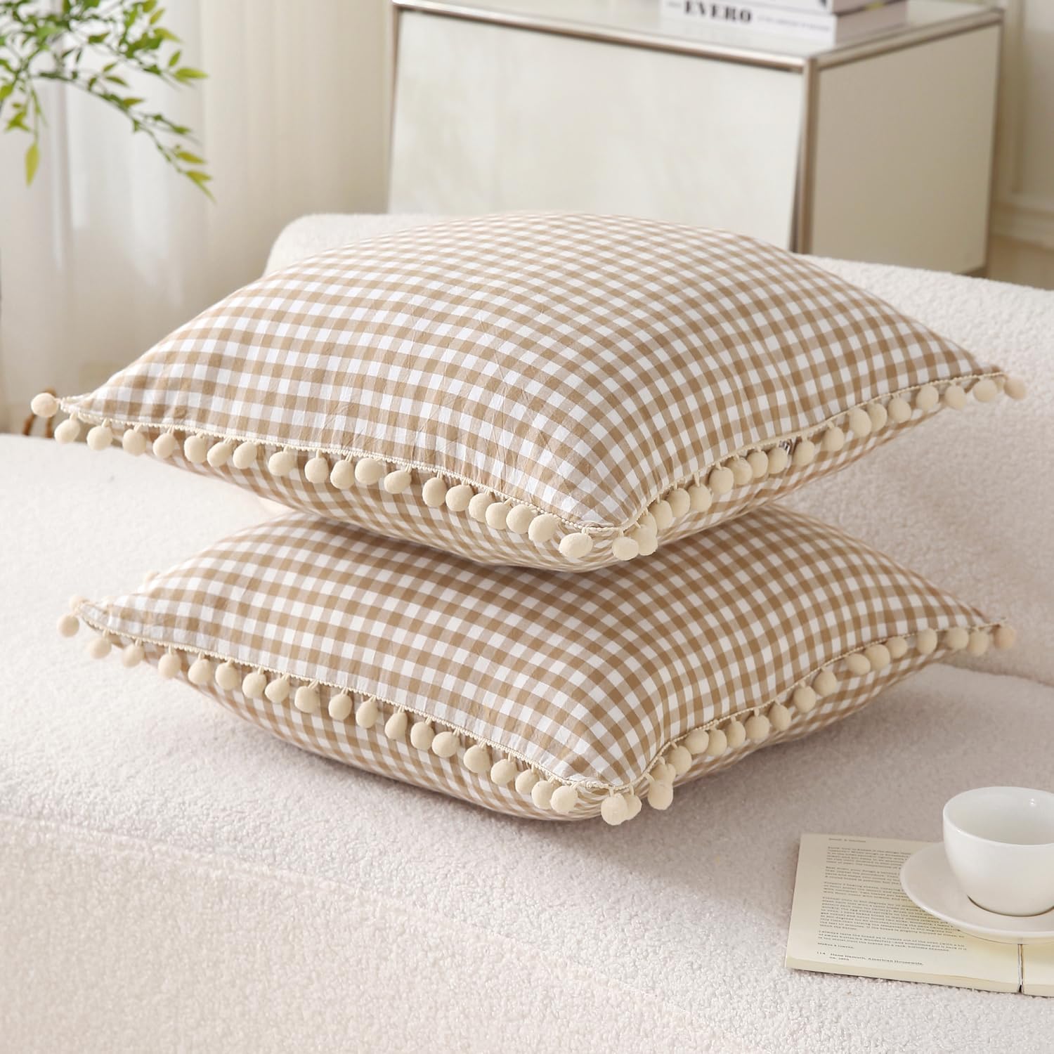 Mywinlle Taupe Gingham Pompom Decorative Throw Pillow Covers for Couch,2 Pack Vintage Checkered Washed Cotton Plaid Pillowcases for Bed, Sofa, Living Room-18"x18"