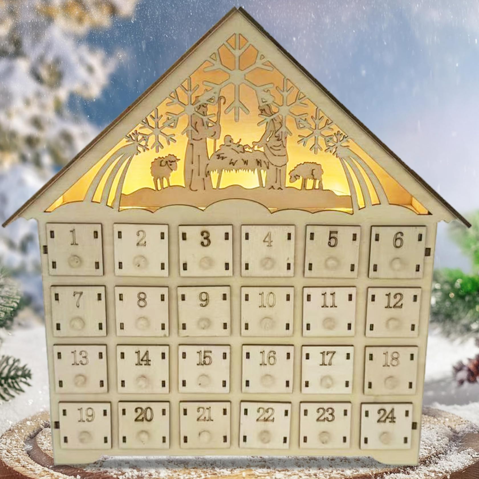 Calendario dell'Avvento in legno con cassetti e LED Conto alla rovescia di 24 giorni per il calendario dell'Avvento di Natale 2025 Funziona a batteria per adulti Decorazione della casa per bambini