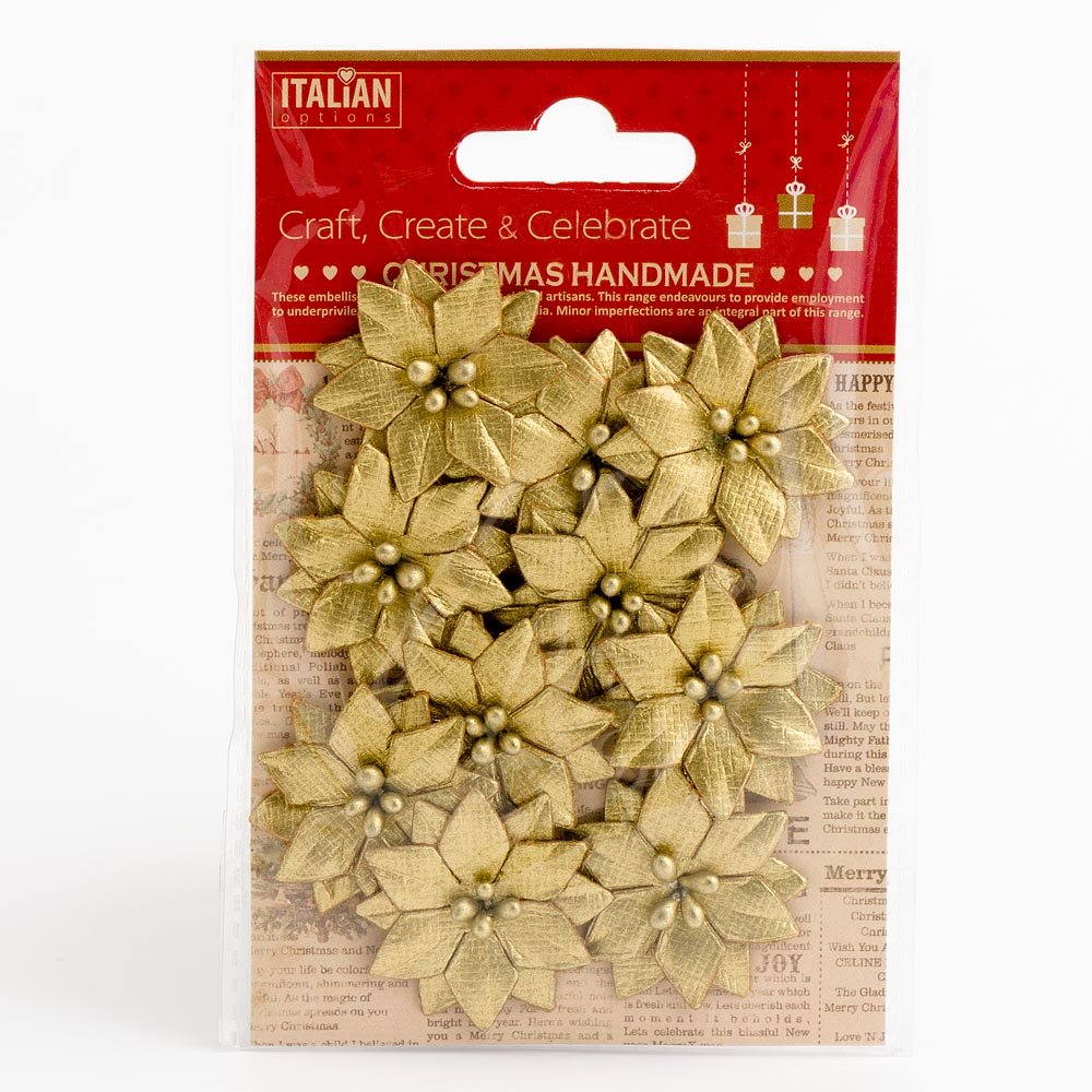Italian Options 3.5cm Small Metallic Gold Poinsettia Christmas Flower Card Making Craft Decorations (Pack of 10)