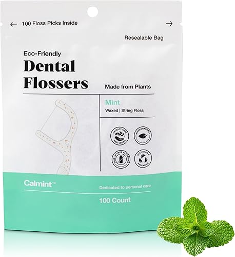 Calmint Hilo dental ecológico  Menta (100 unidades)  Púas de hilo dental sostenibles  Mango natural sin plástico con hilo fino para adultos y niños