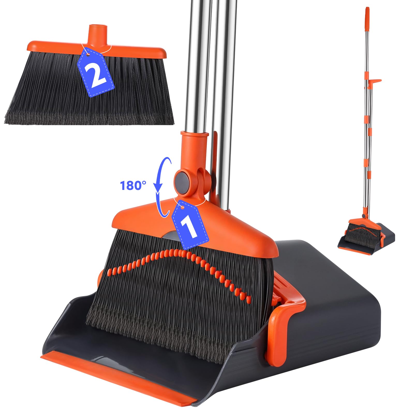 2-In-1 Besen und Kehrschaufel Set mit 130cm Verstellbarem Langem Stiel, Kehrblech mit Kammzähne Kehrbesen mit 2 Austauschbaren Besenköpfen Kehrset für Bodenreinigung