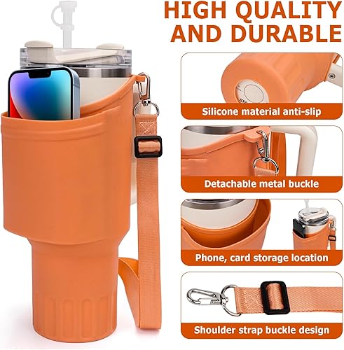 Miniatura 4 de Soporte de silicona para botella de agua con bolsillo para teléfono y correa ajustable para Stanley Cup 2.0 40 onzas, viene con popote reutilizable